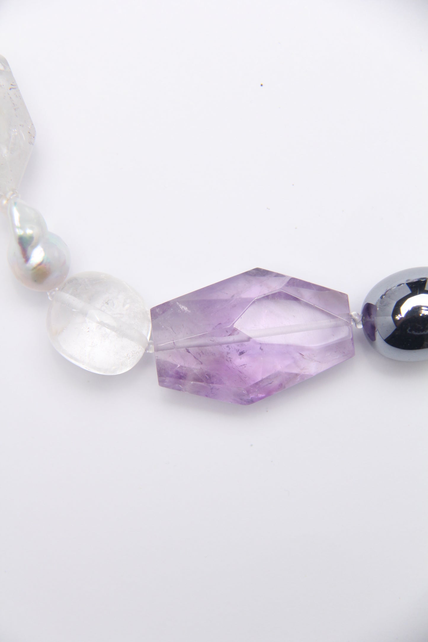 Necklace: amethyst, titanium magnet, herkimer diamond, pearls