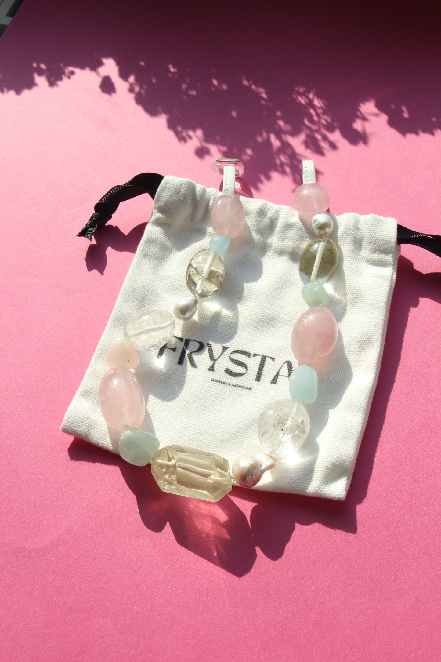 Necklace: citrine, rose quartz, morganite, pearls