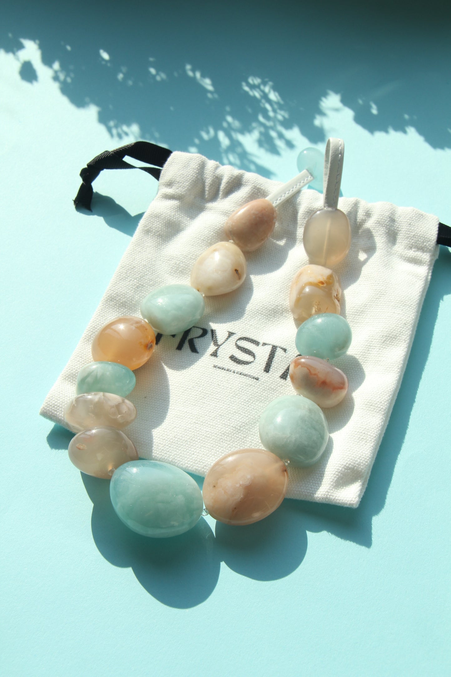 Necklace: aquamarine, rose chalcedony