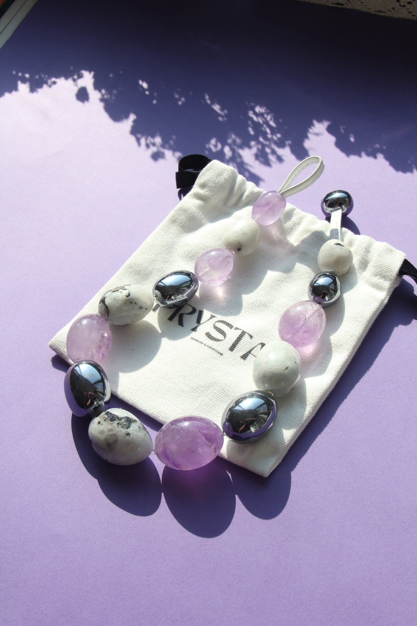 Necklace: amethyst, titanium magnet, moonstone