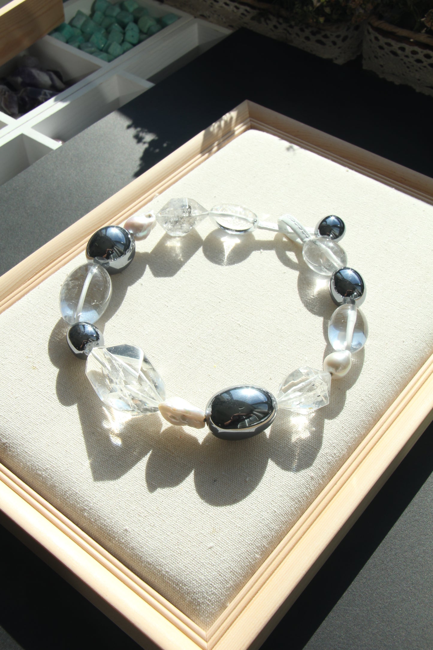 Necklace: quartz, pearls, titanium magnet, herkimer diamond