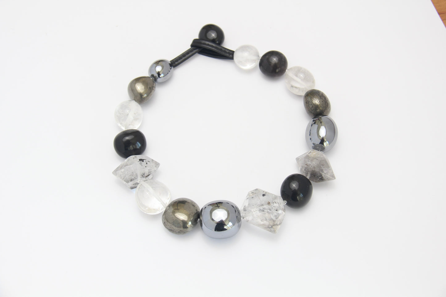 Necklace: quartz, obsidian, chalcopyrite, titanium magnet, herkimer diamond