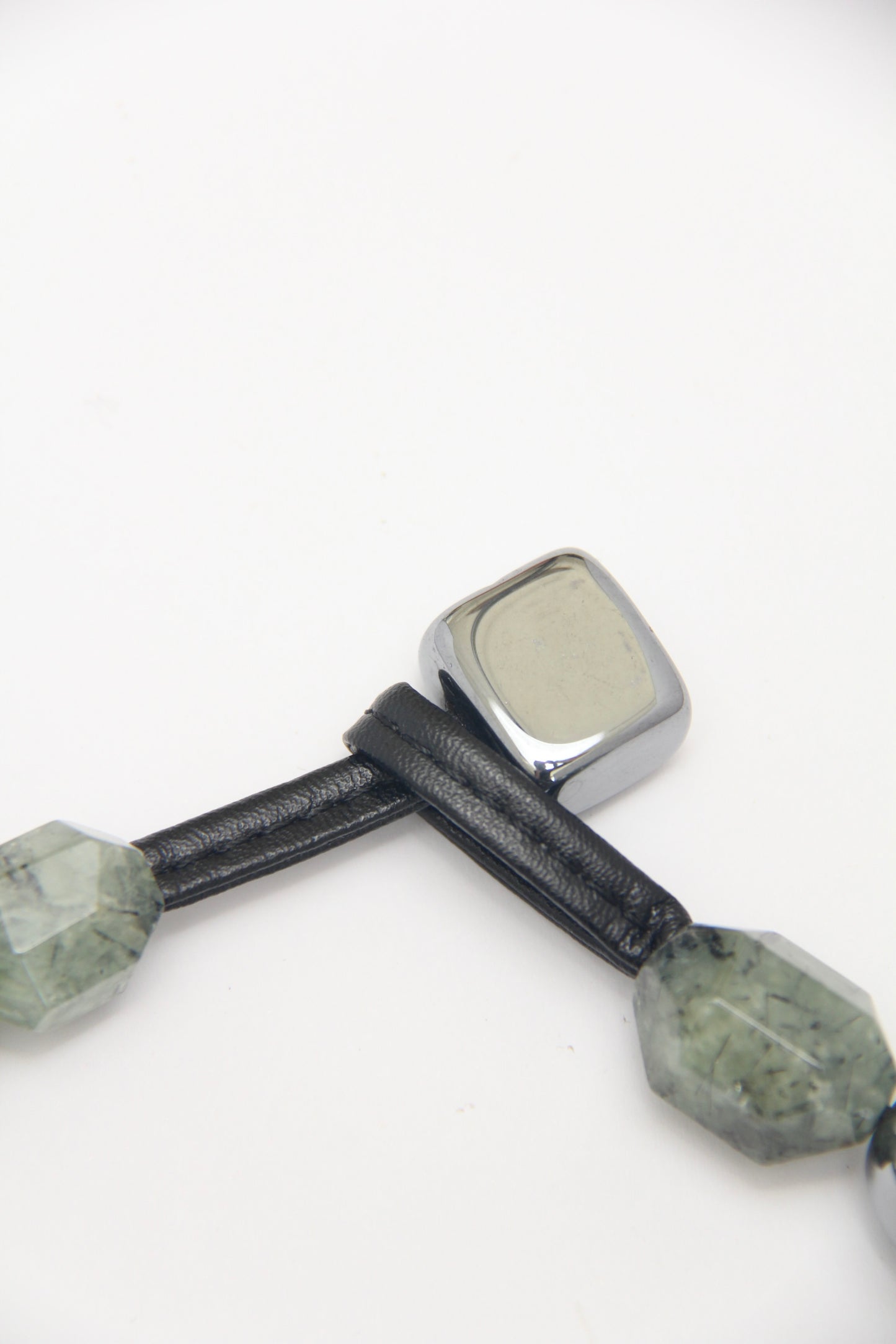 Necklace: prehnite, titanium magnet, obsidian