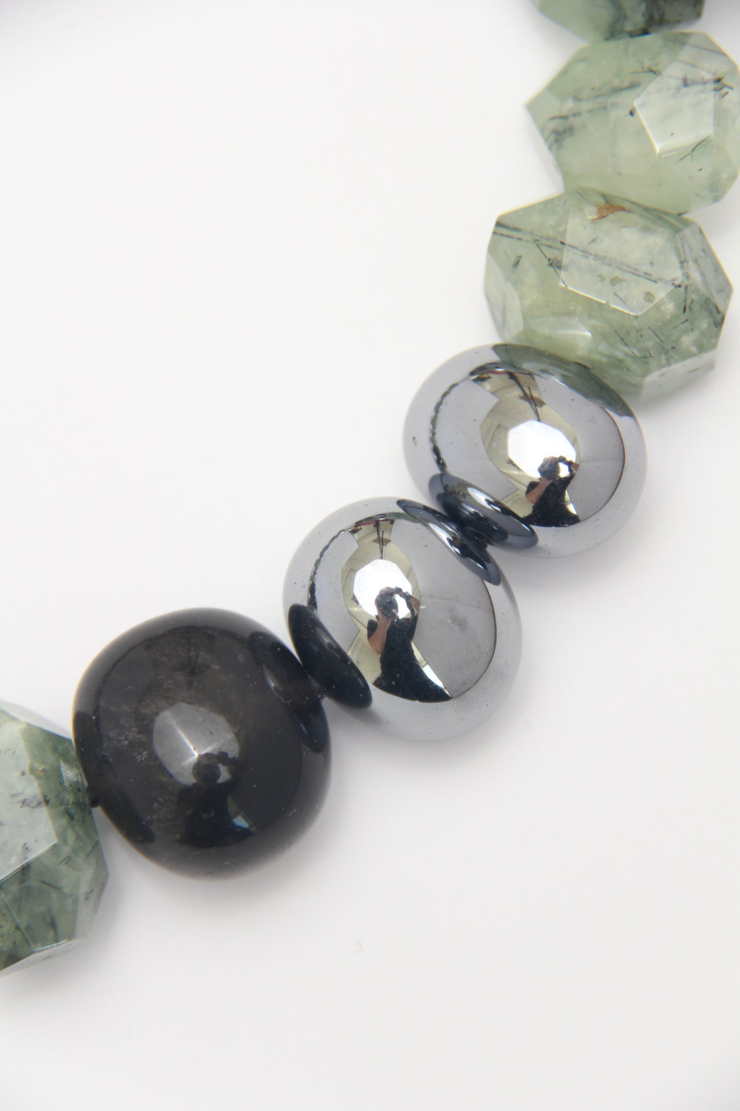 Necklace: prehnite, titanium magnet, obsidian