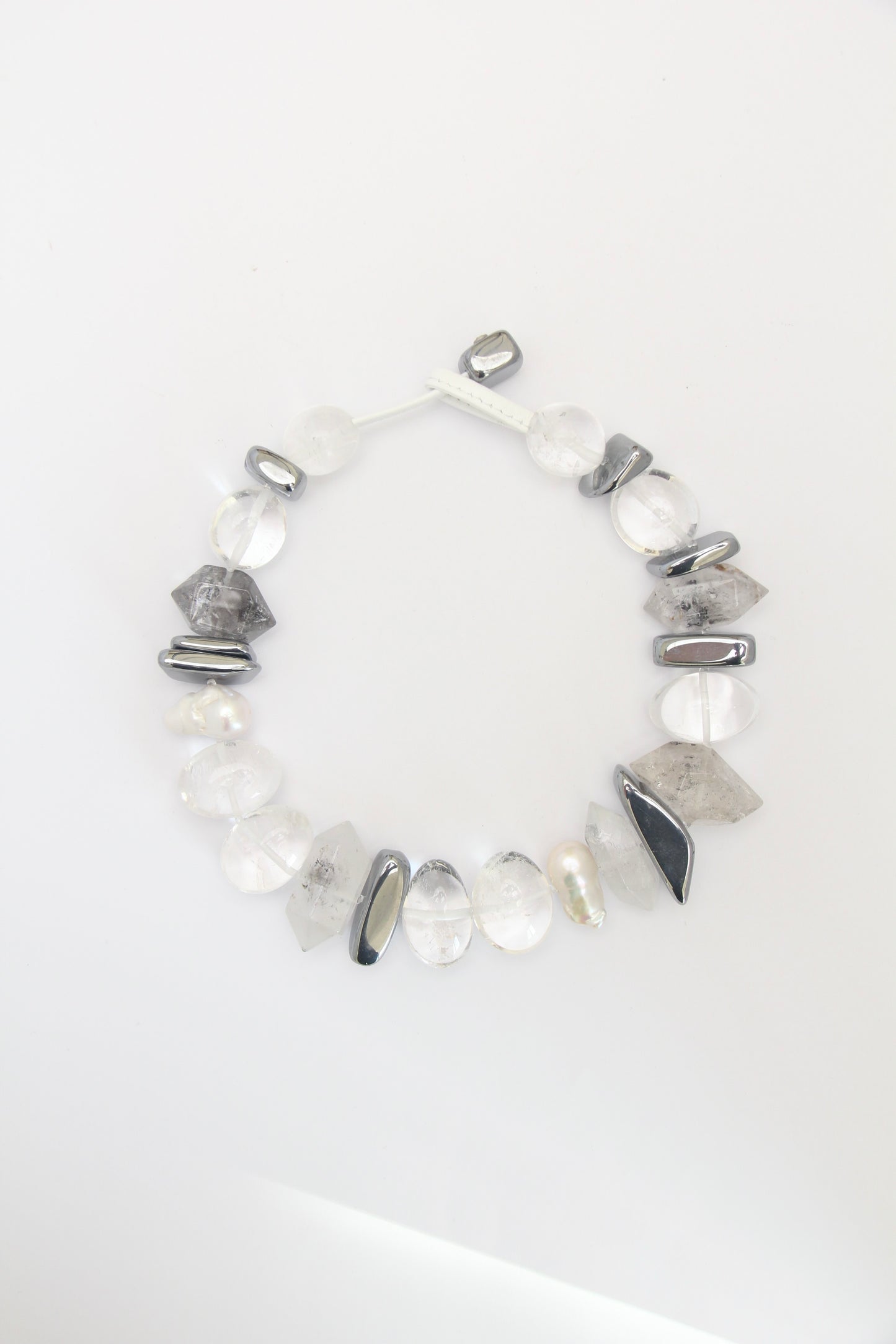 Necklace: quartz, pearls, titanium magnet, herkimer diamond