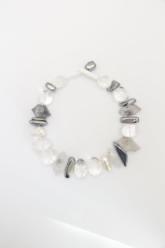 Necklace: quartz, pearls, titanium magnet, herkimer diamond