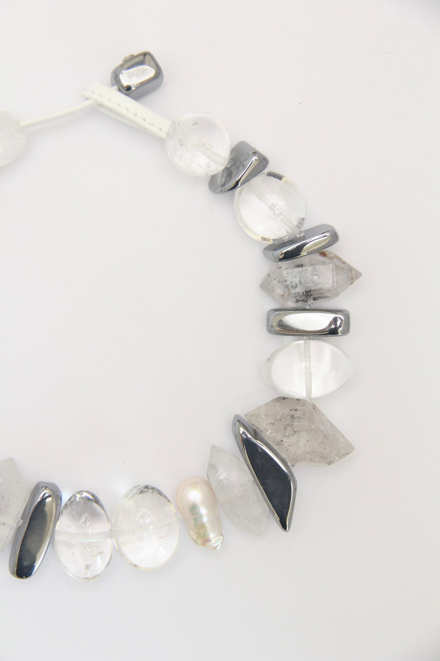 Necklace: quartz, pearls, titanium magnet, herkimer diamond