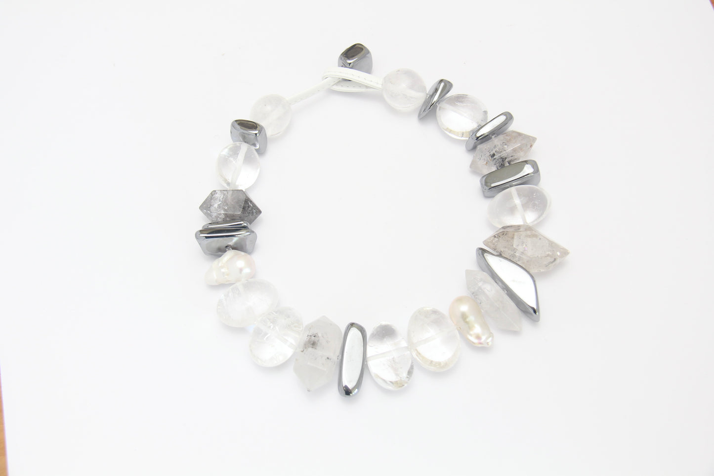 Necklace: quartz, pearls, titanium magnet, herkimer diamond