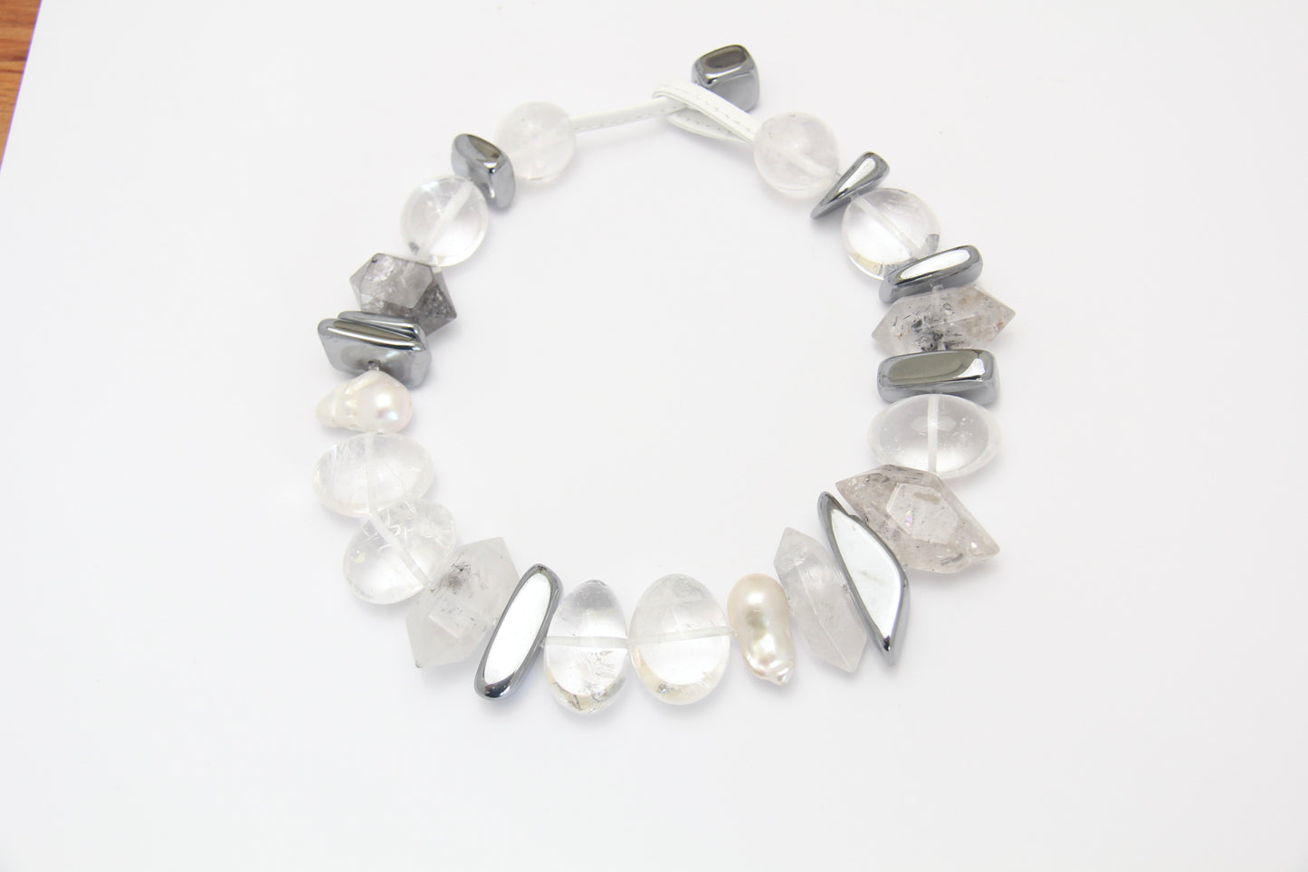 Necklace: quartz, pearls, titanium magnet, herkimer diamond