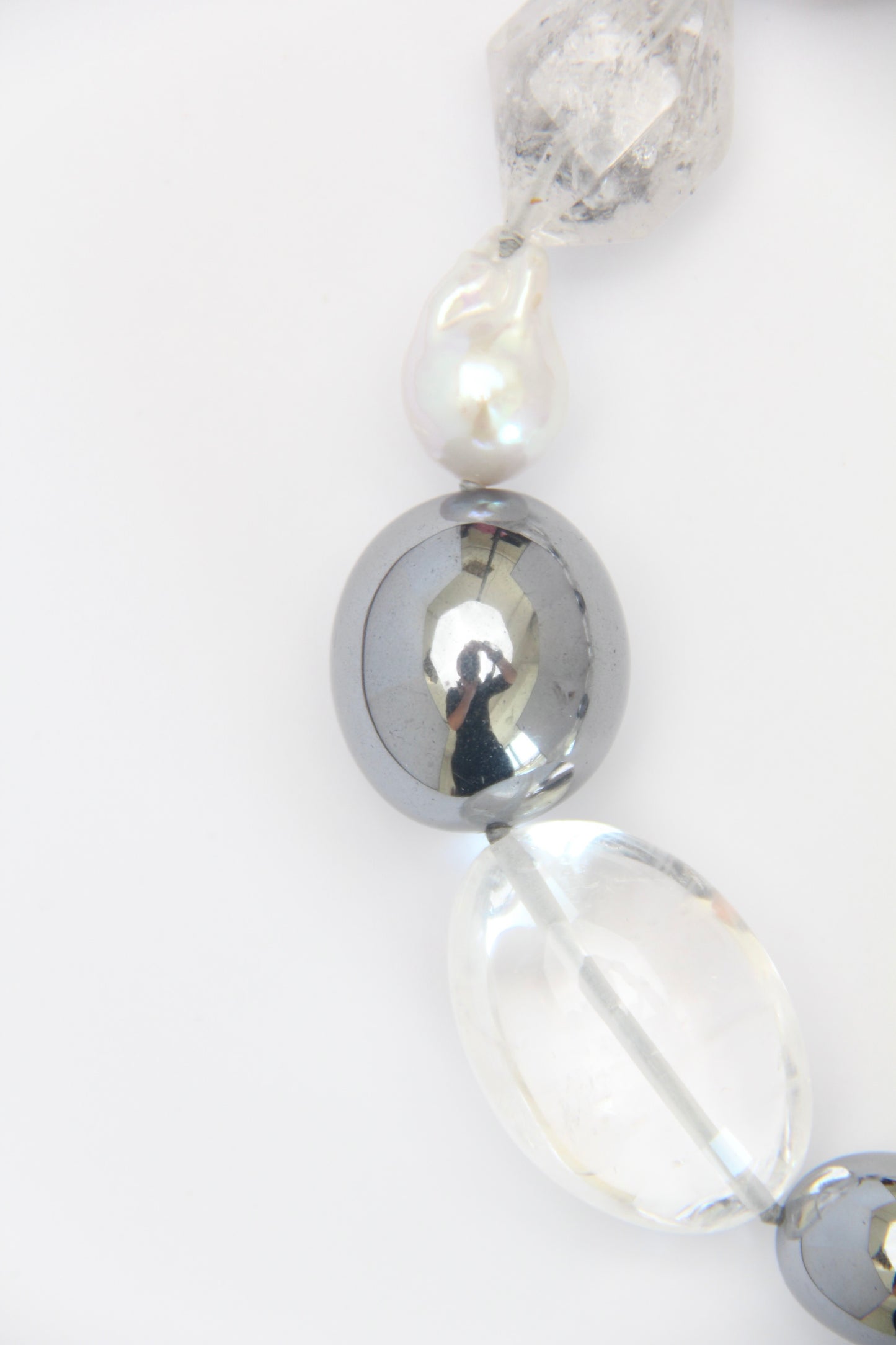 Necklace: quartz, pearls, titanium magnet, herkimer diamond