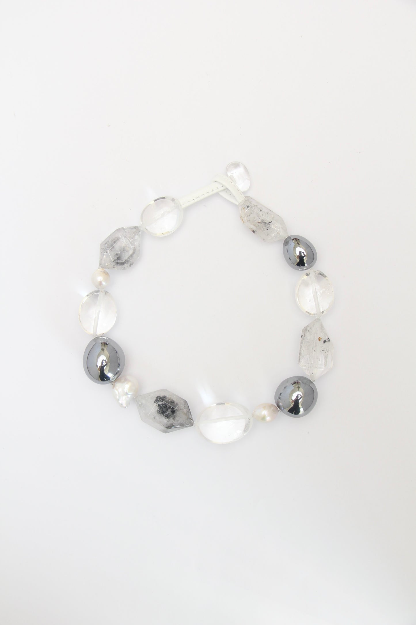 Necklace: quartz, pearls, titanium magnet, herkimer diamond