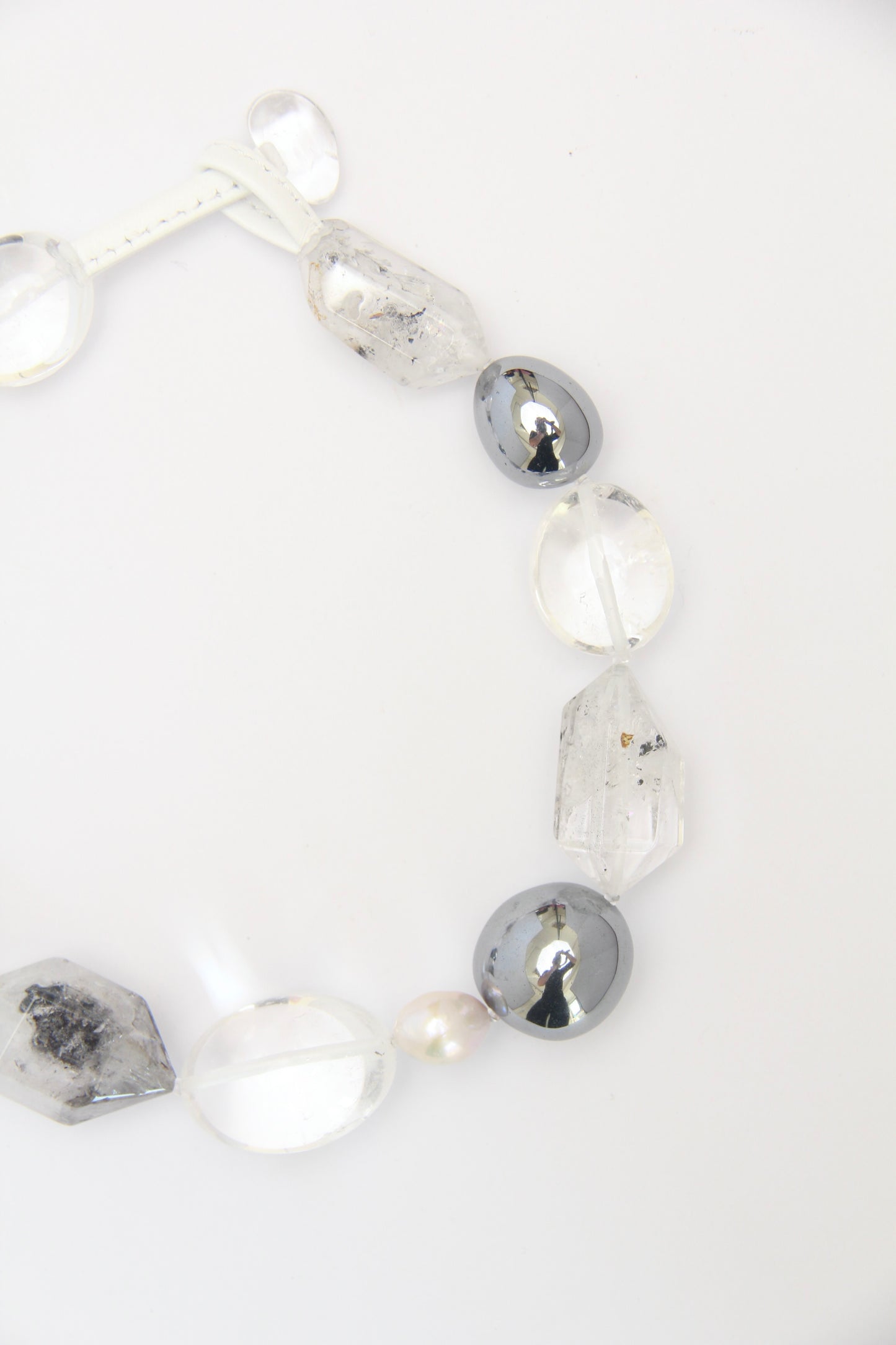 Necklace: quartz, pearls, titanium magnet, herkimer diamond