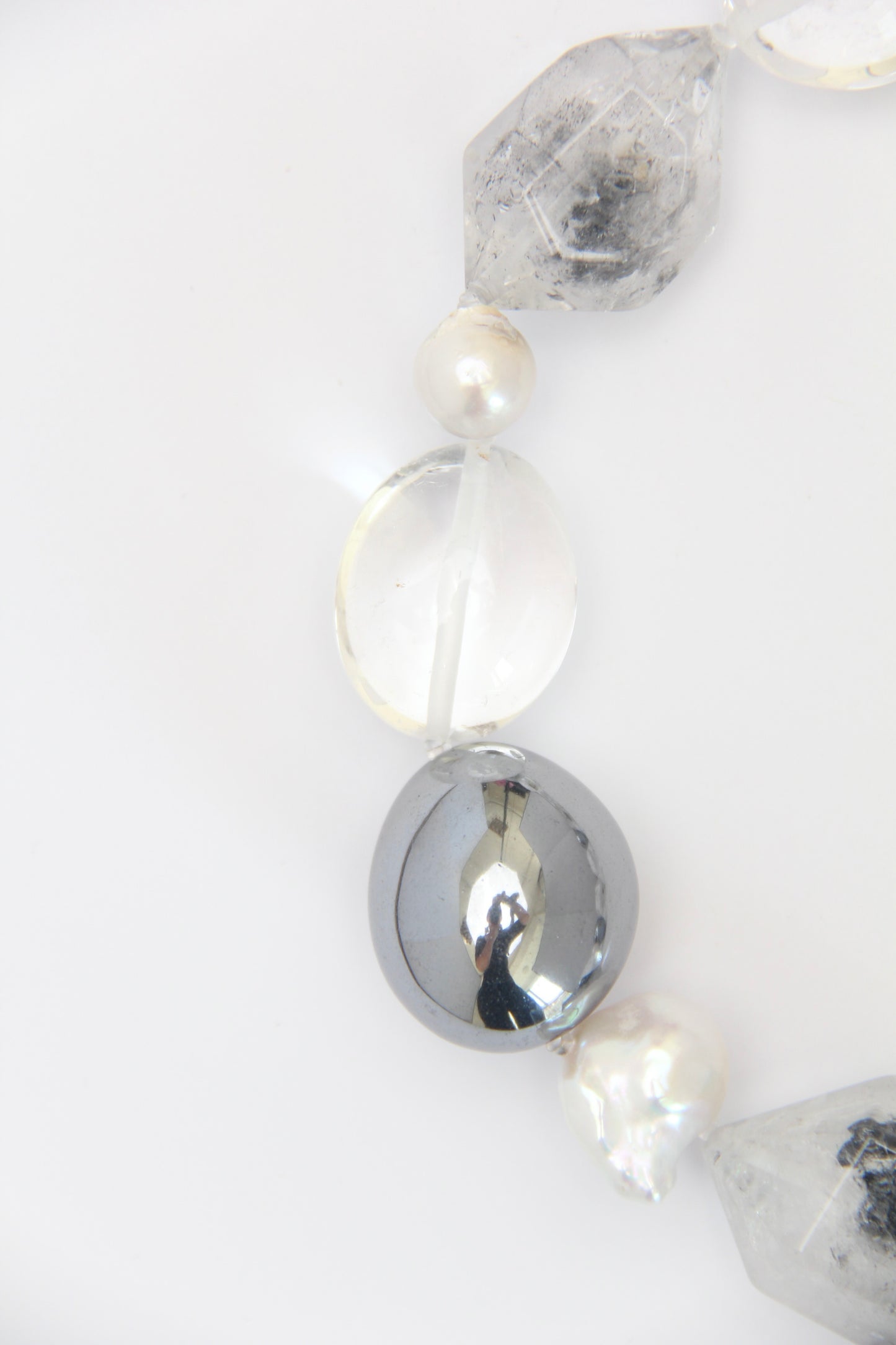 Necklace: quartz, pearls, titanium magnet, herkimer diamond