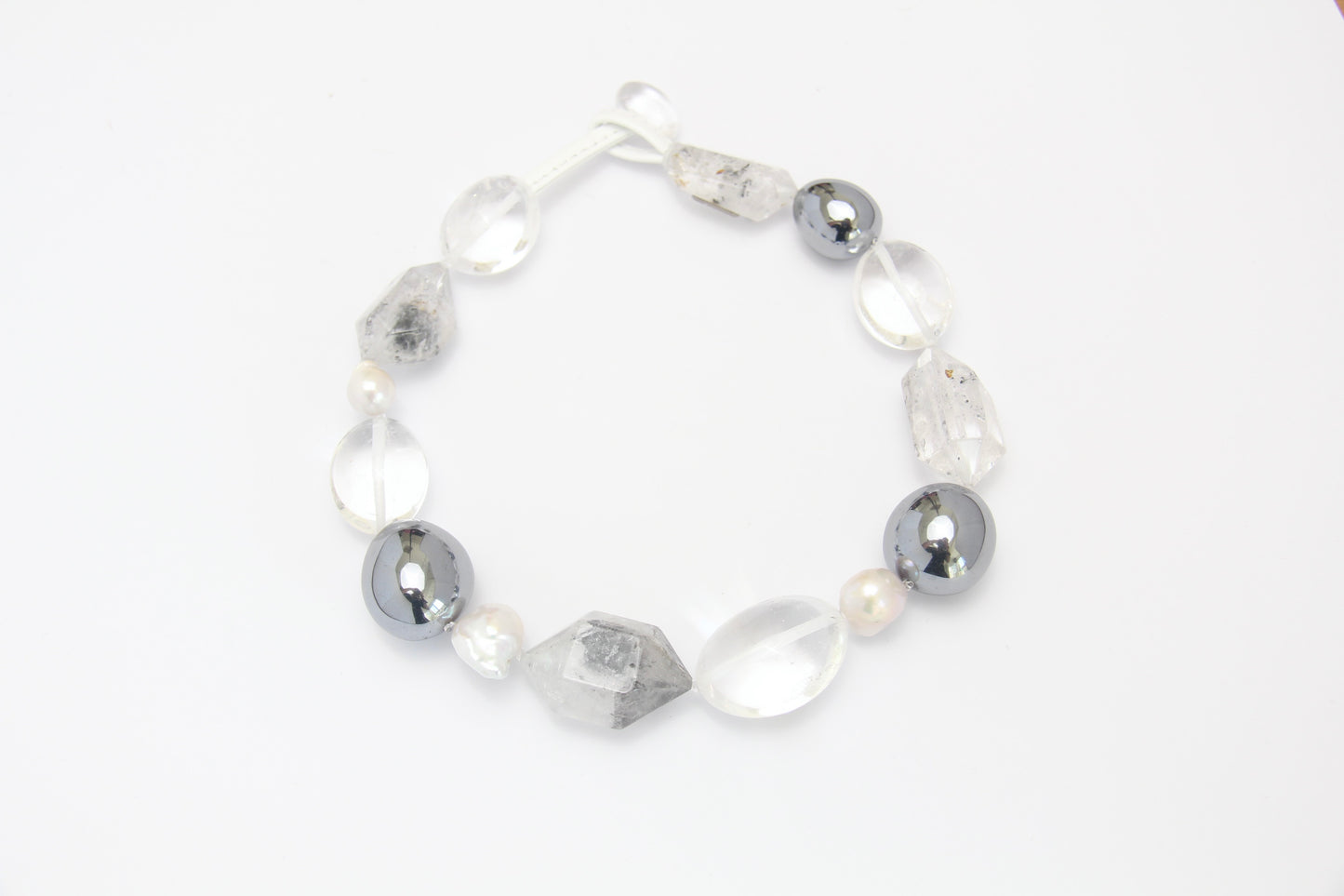 Necklace: quartz, pearls, titanium magnet, herkimer diamond