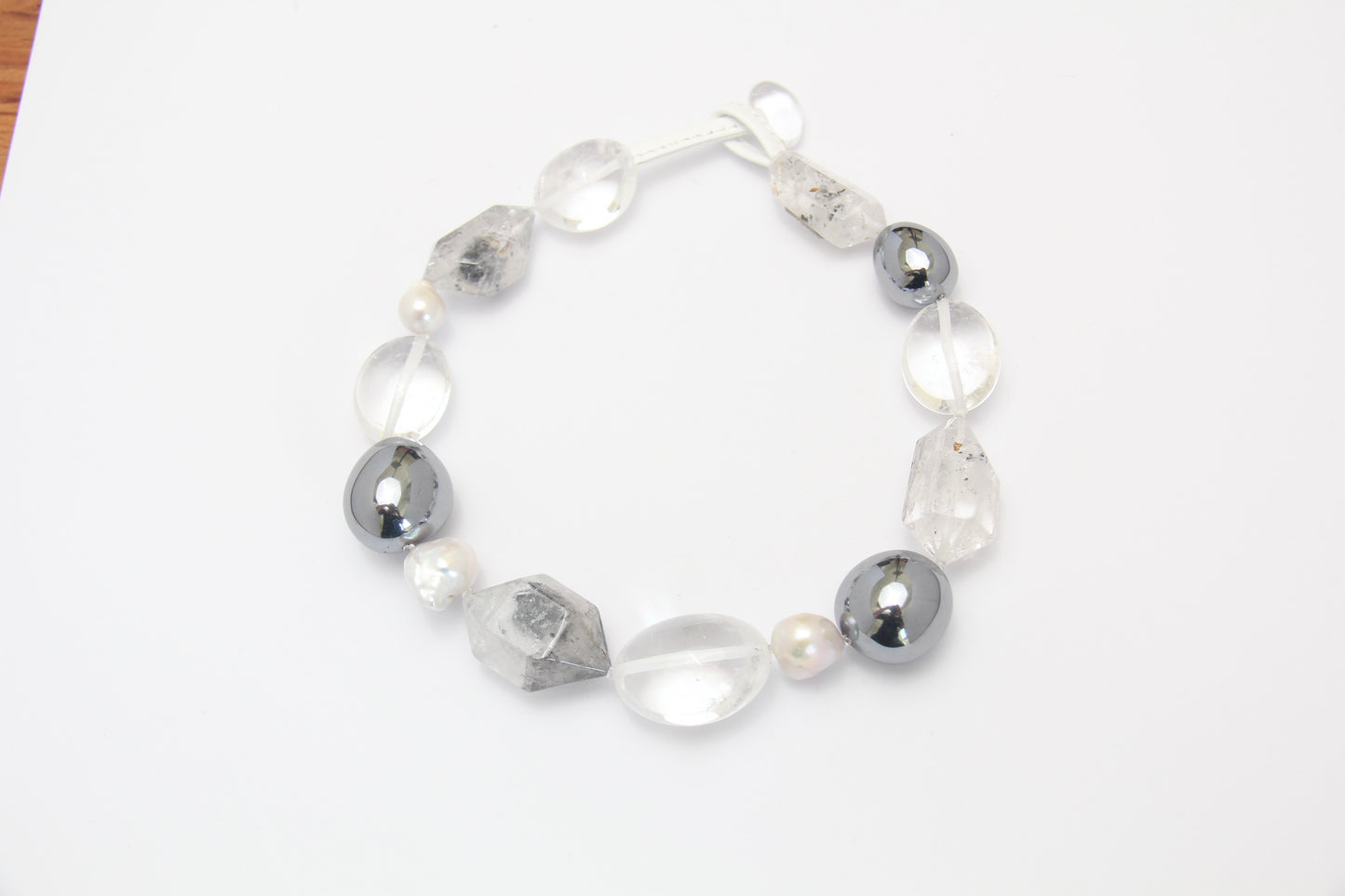 Necklace: quartz, pearls, titanium magnet, herkimer diamond