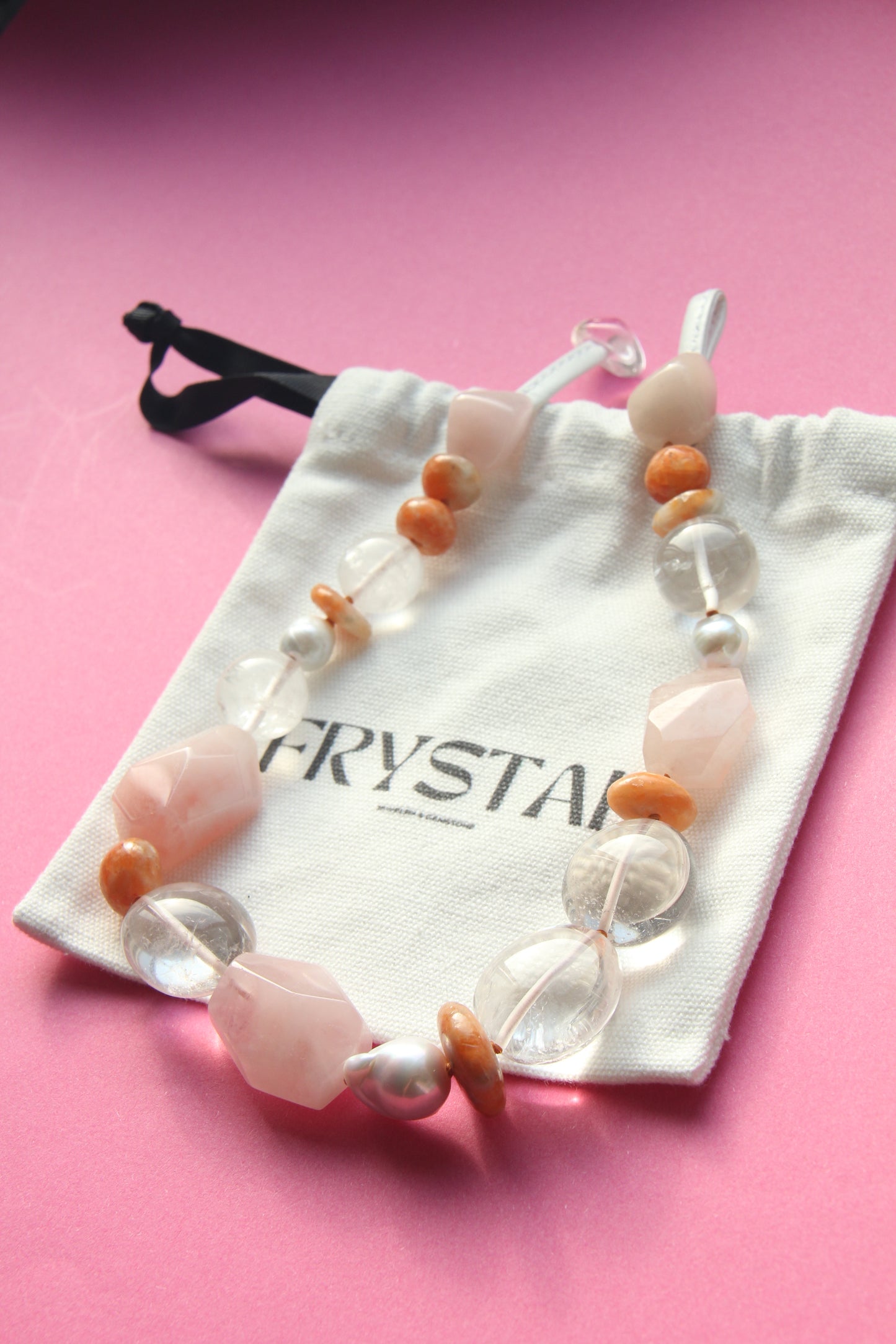 Necklace: morganite, calcite, quartz, pearls