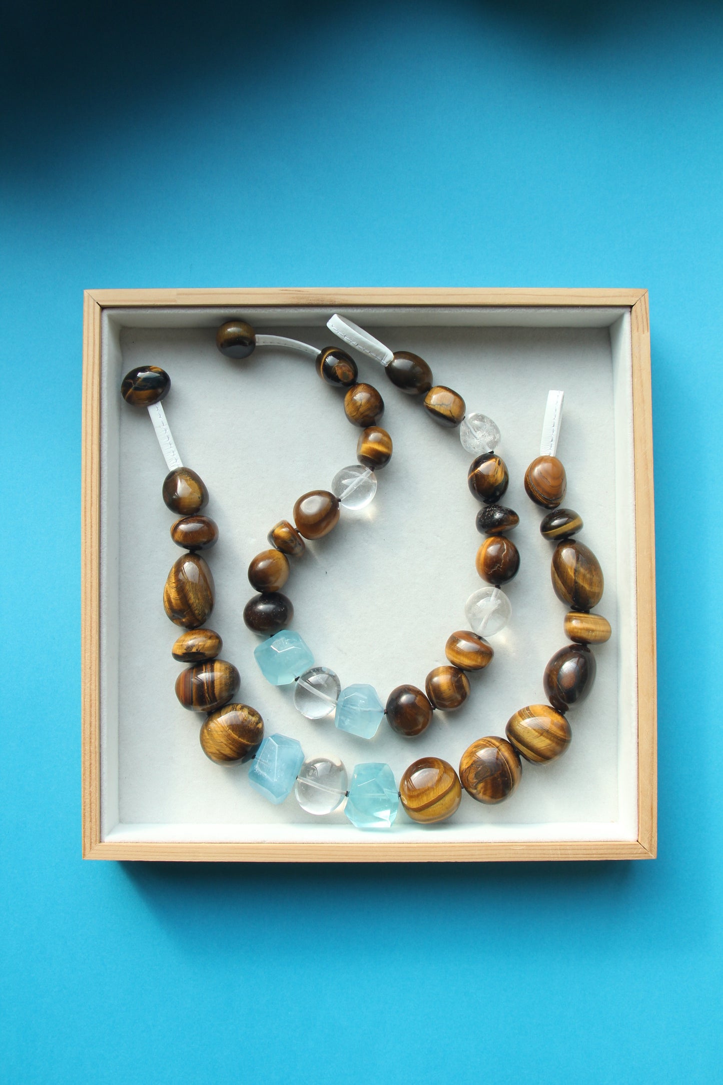 Necklace: tiger's eye, aquamarine, quartz