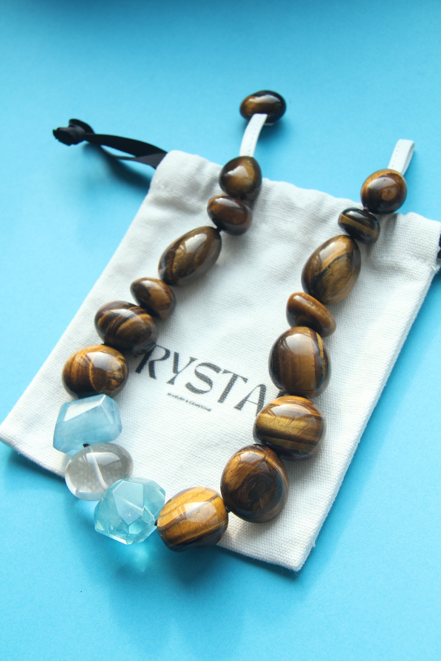 Necklace: tiger's eye, aquamarine, quartz