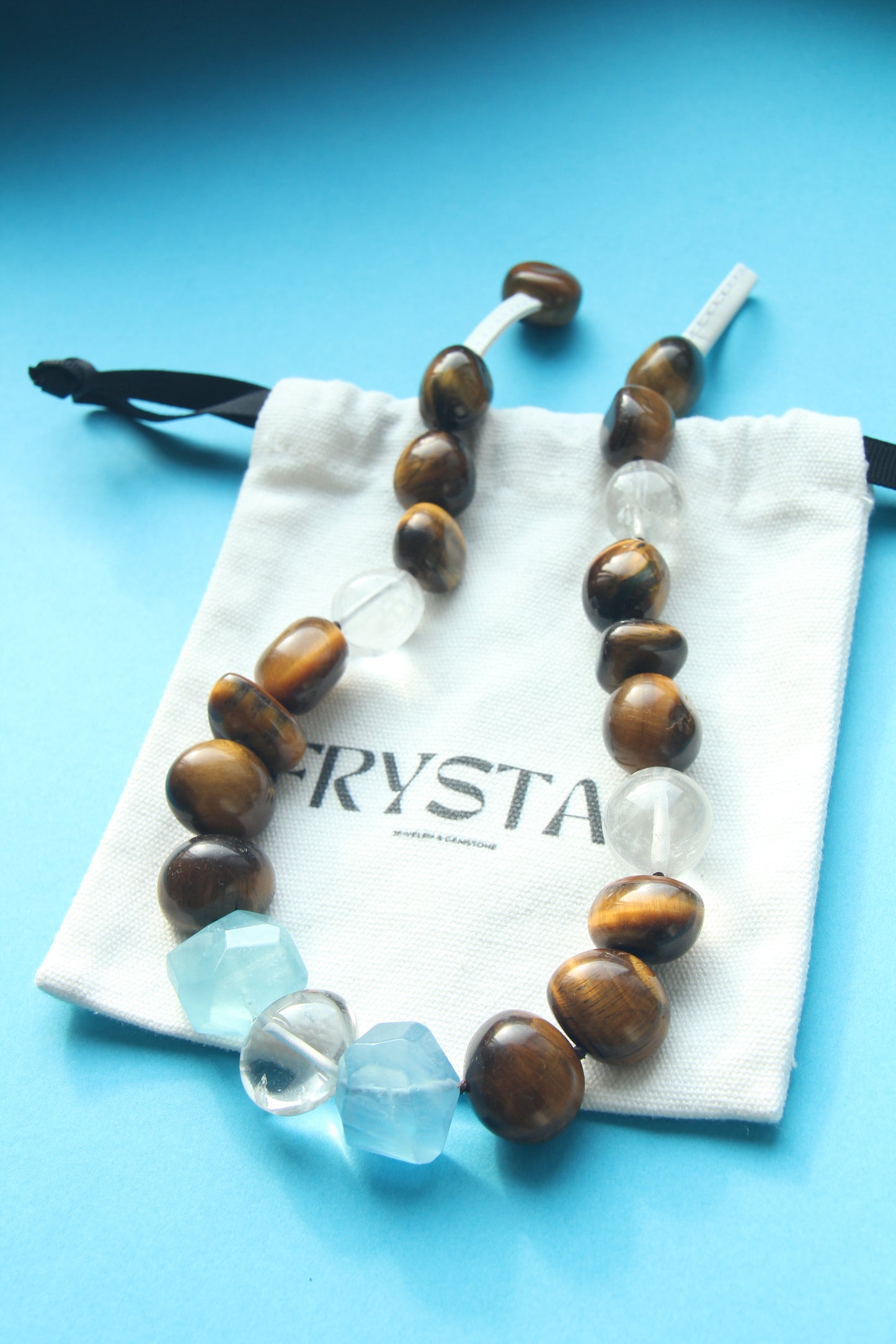 Necklace: tiger's eye, aquamarine, quartz