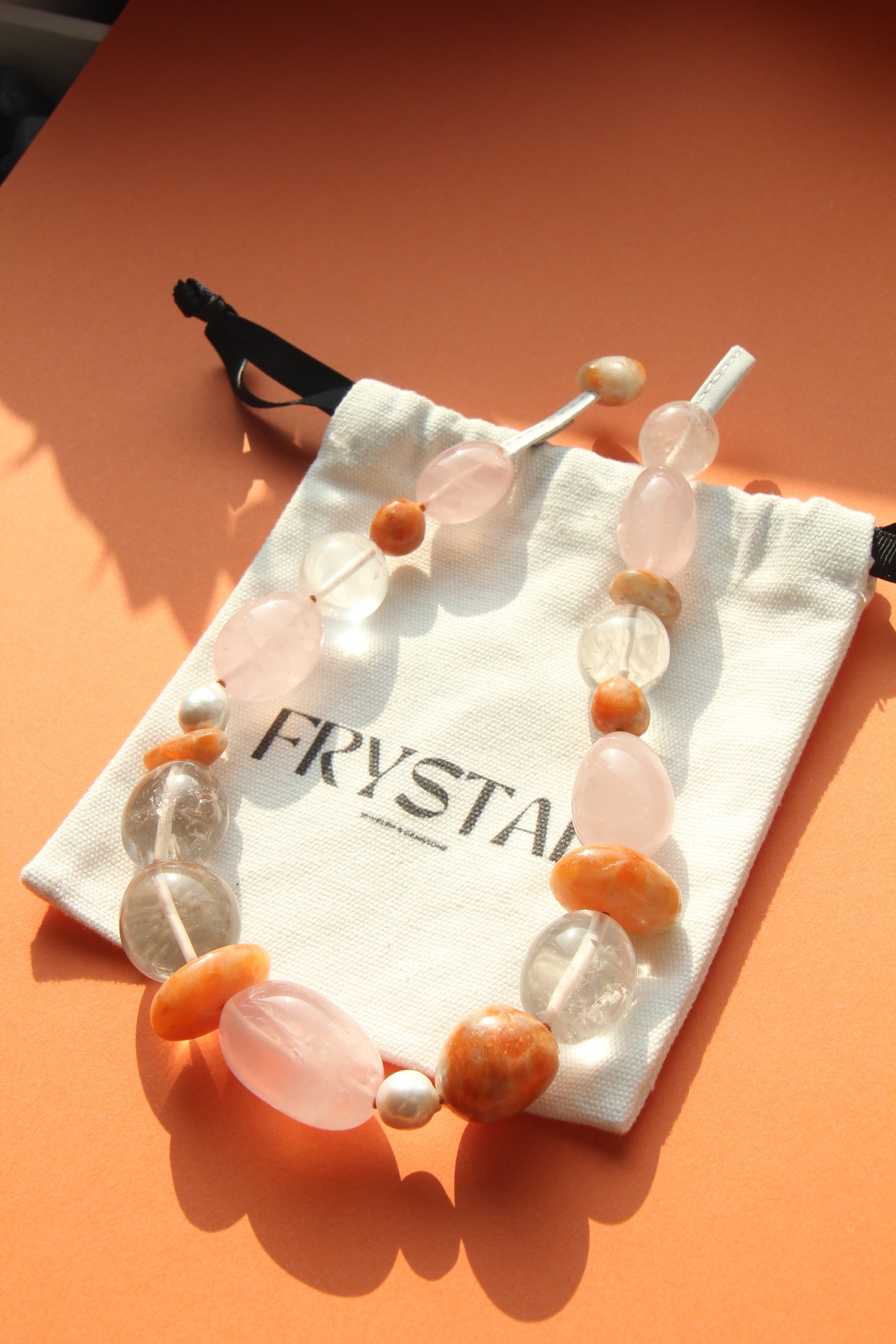 Necklace: rosequartz, quartz, calcite, pearls