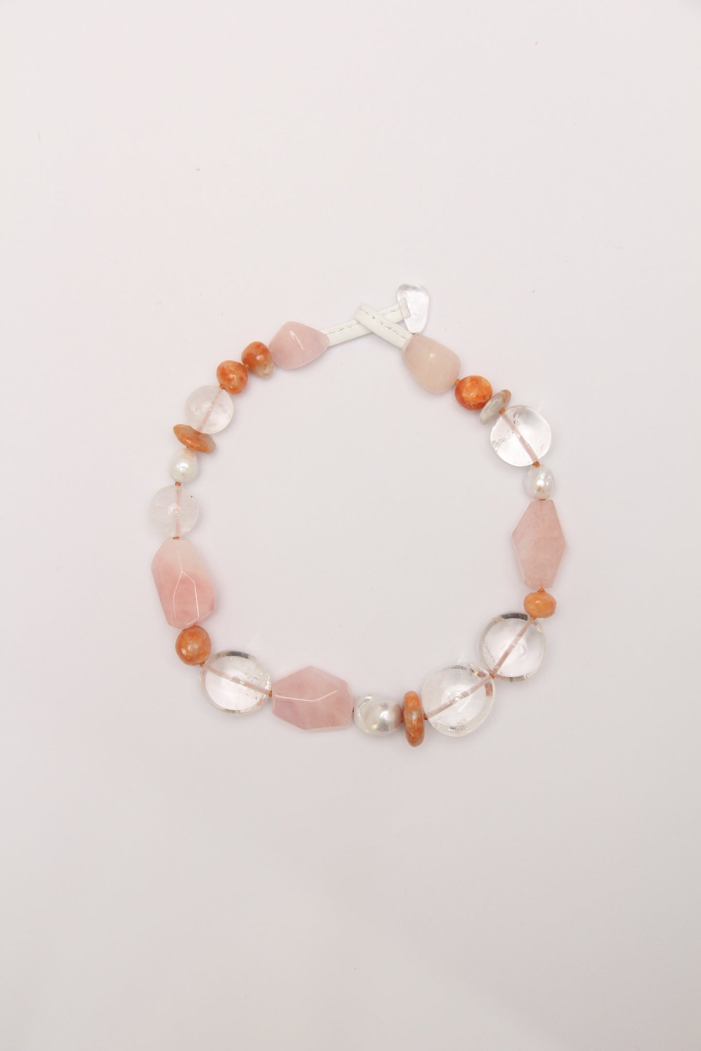 Necklace: morganite, calcite, quartz, pearls