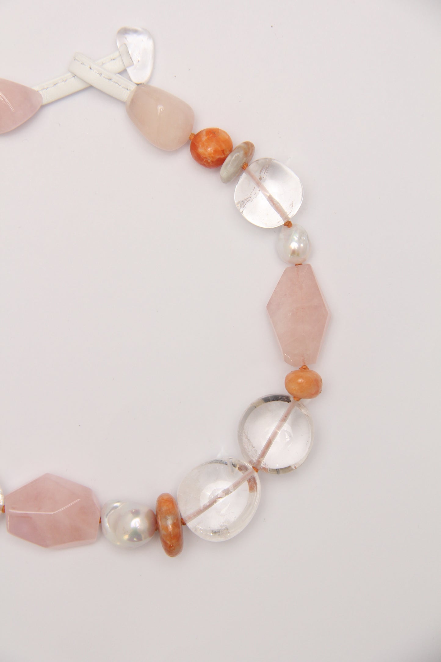 Necklace: morganite, calcite, quartz, pearls