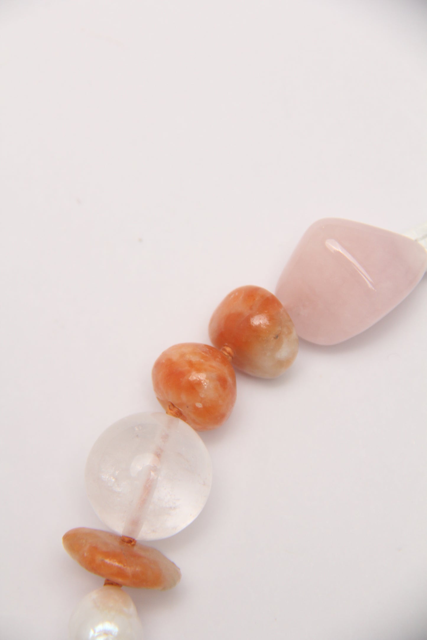 Necklace: morganite, calcite, quartz, pearls