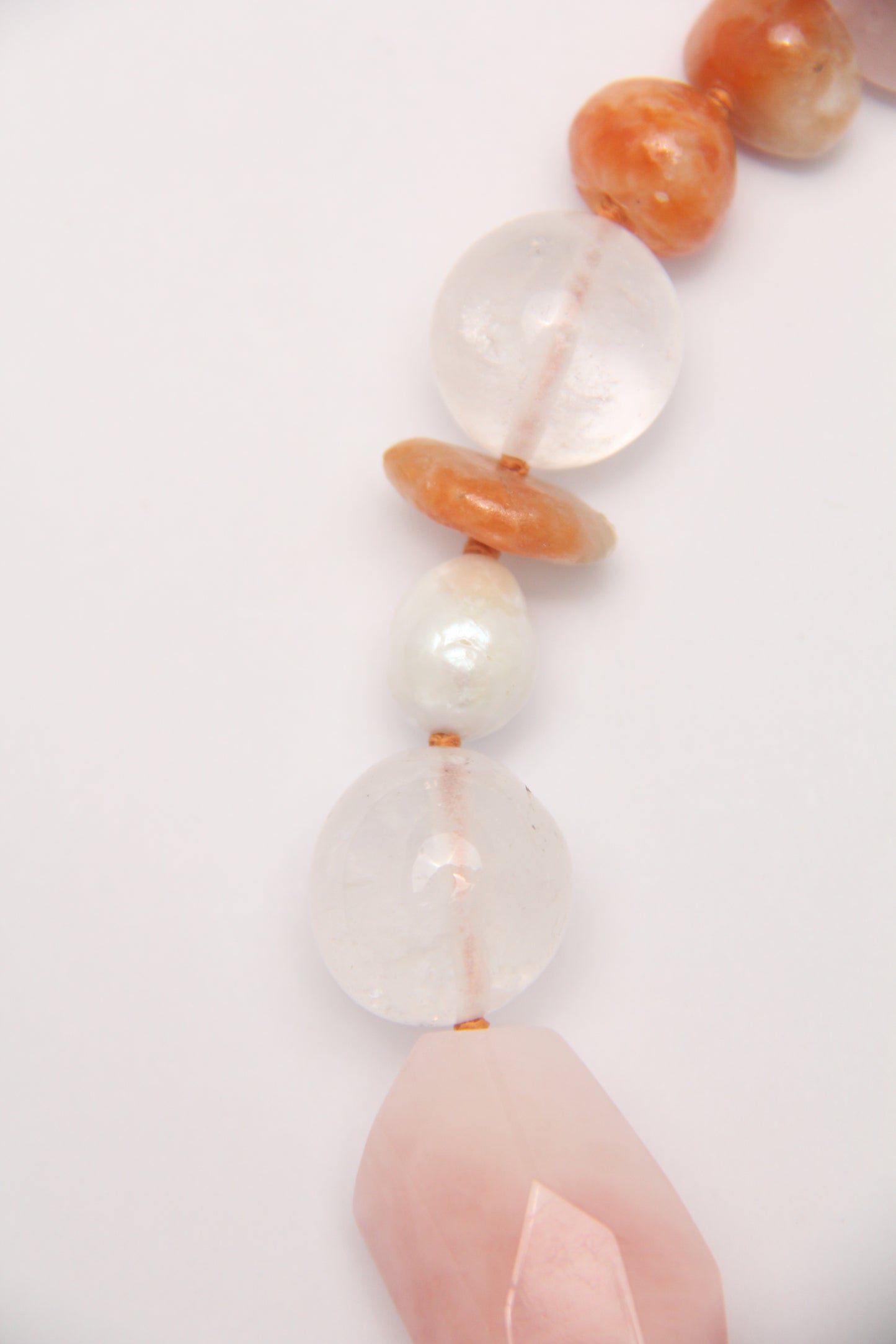 Necklace: morganite, calcite, quartz, pearls