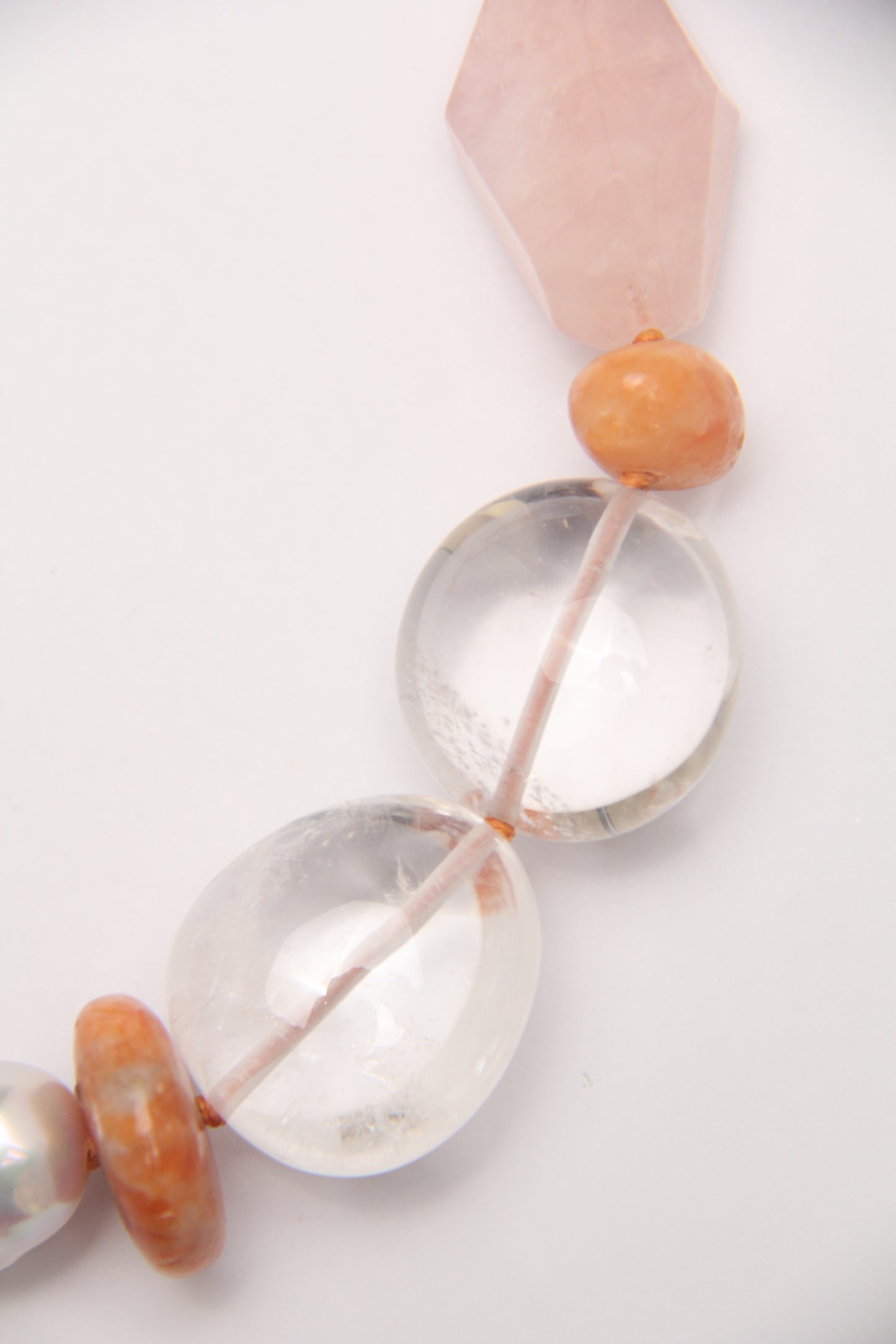 Necklace: morganite, calcite, quartz, pearls