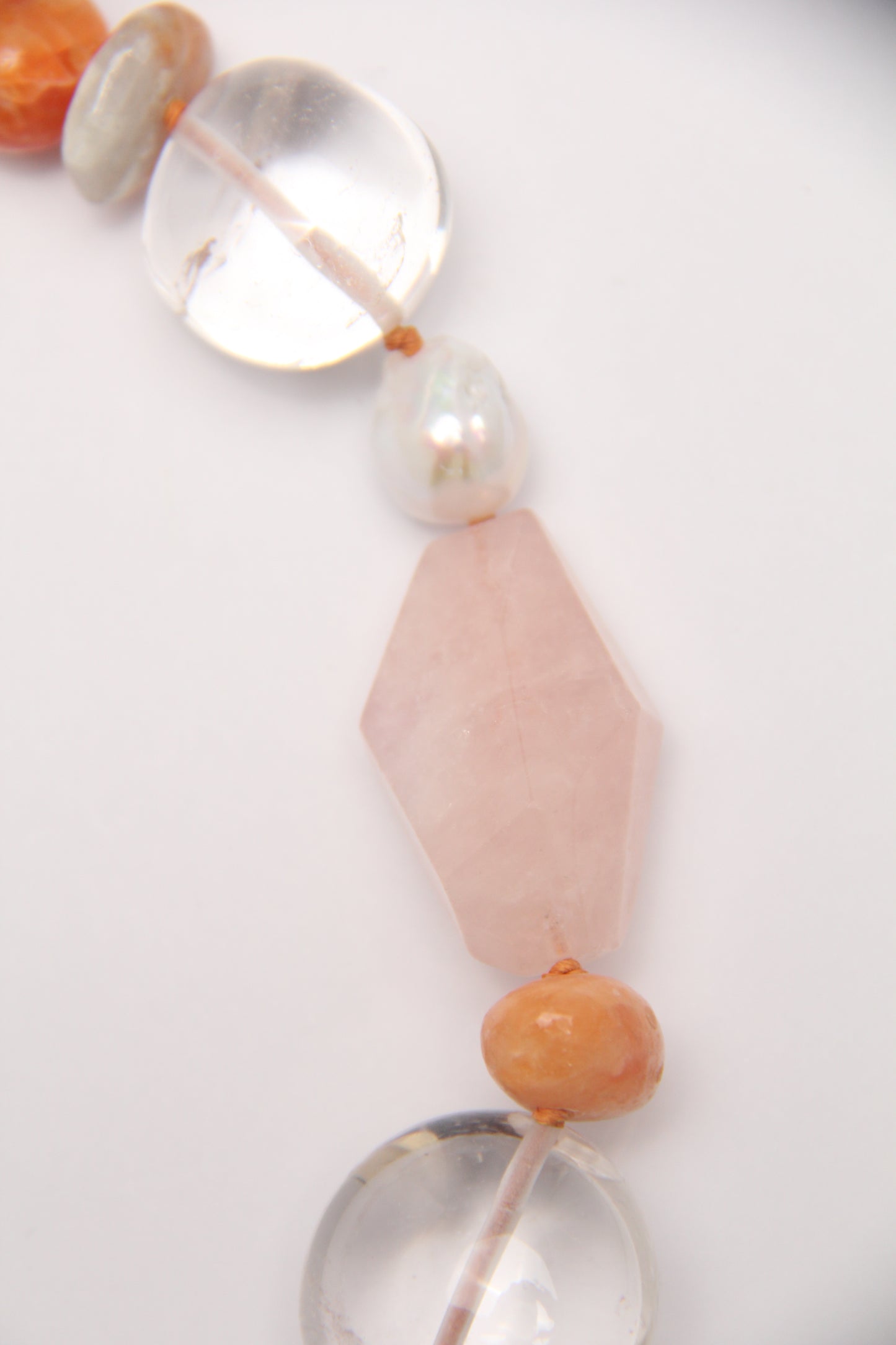 Necklace: morganite, calcite, quartz, pearls