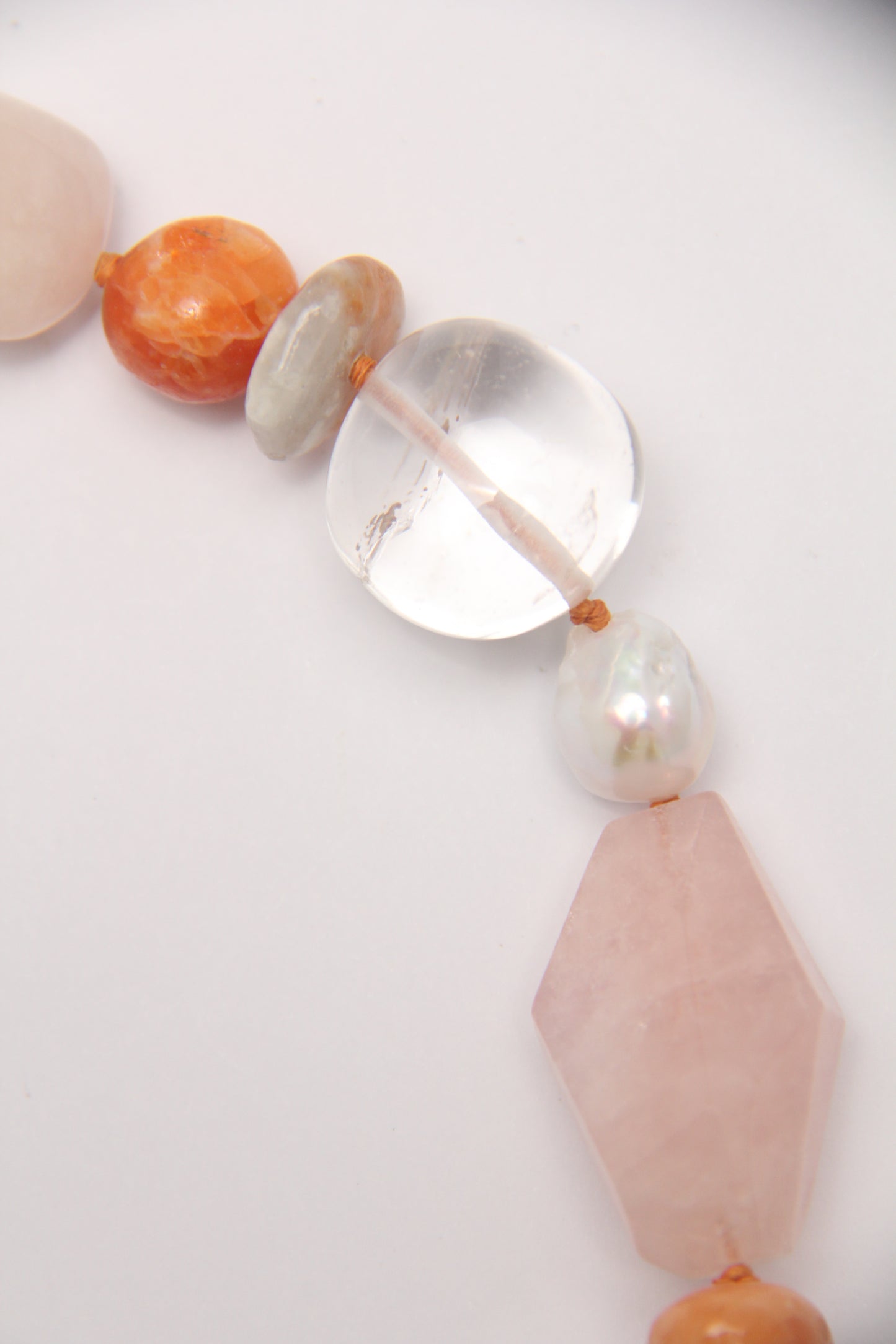 Necklace: morganite, calcite, quartz, pearls