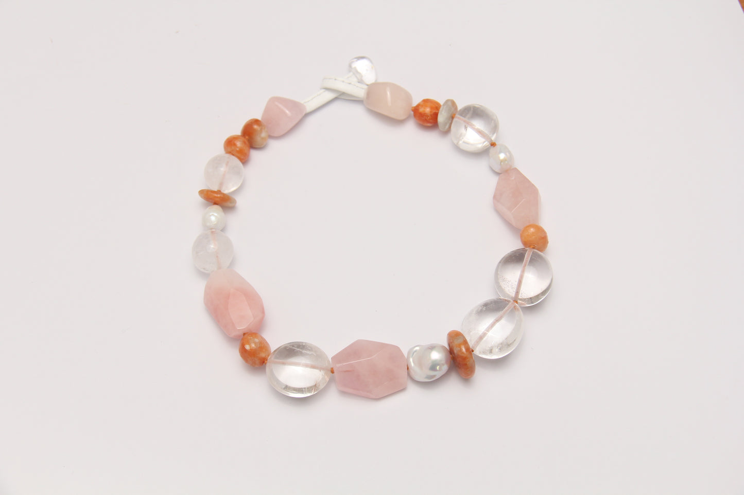 Necklace: morganite, calcite, quartz, pearls