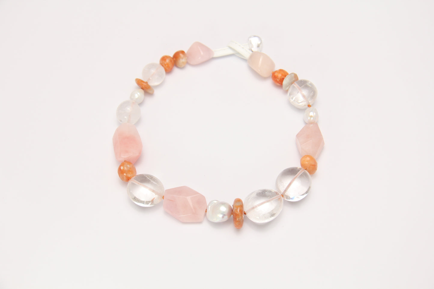 Necklace: morganite, calcite, quartz, pearls