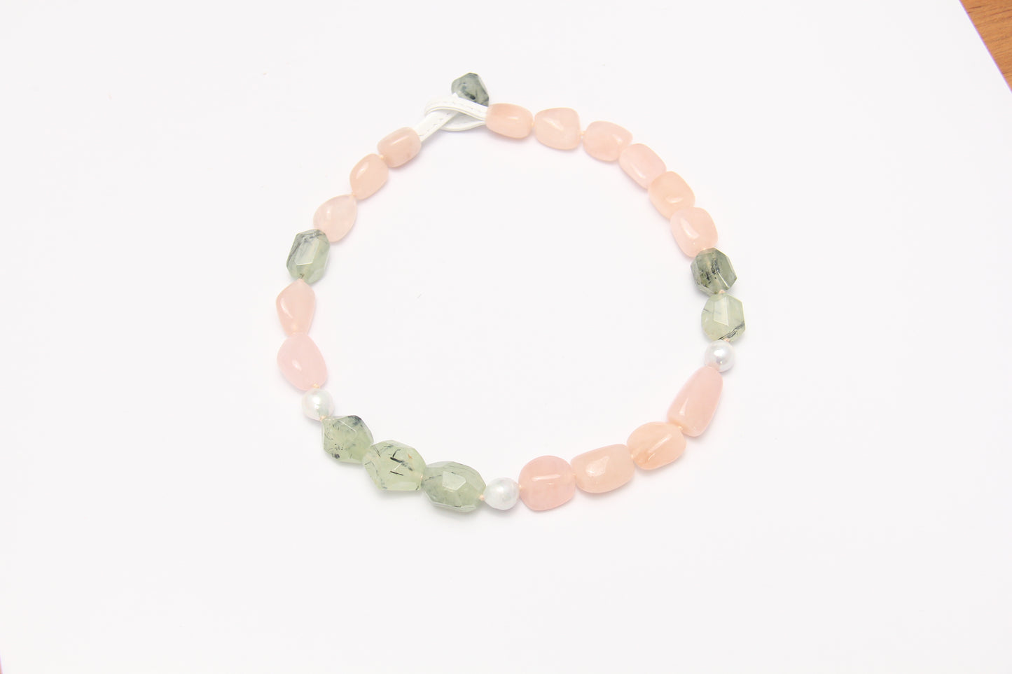 Necklace: morganite, prehnite, pearls