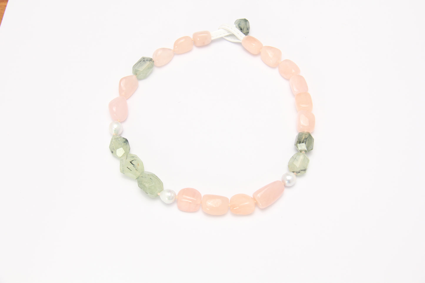 Necklace: morganite, prehnite, pearls