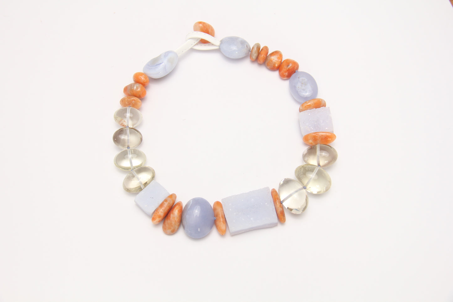 Necklace: blue lace agate, calcite, citrine