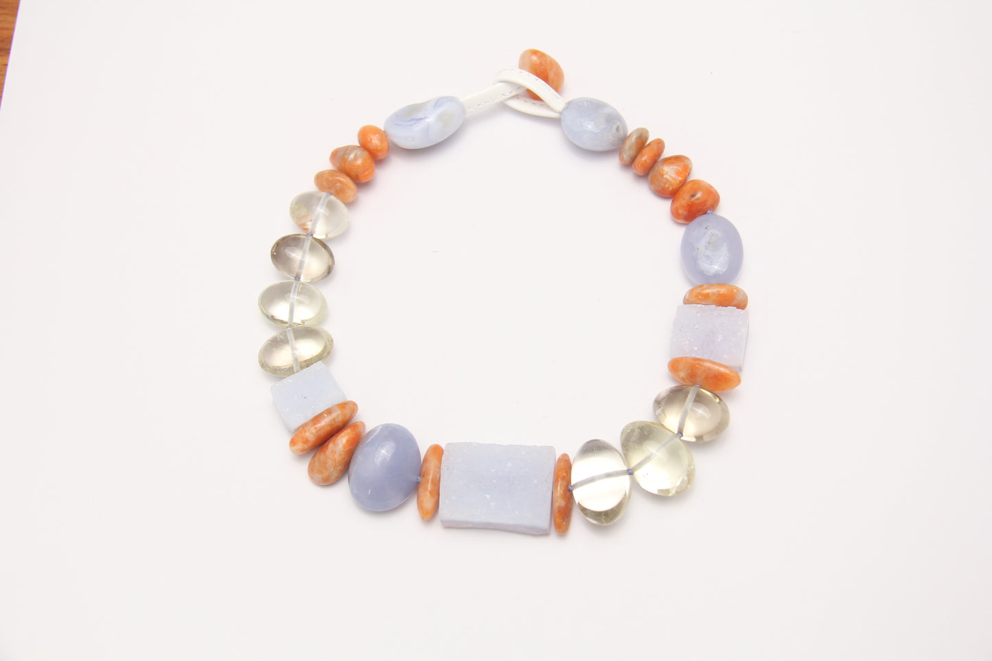 Necklace: blue lace agate, calcite, citrine