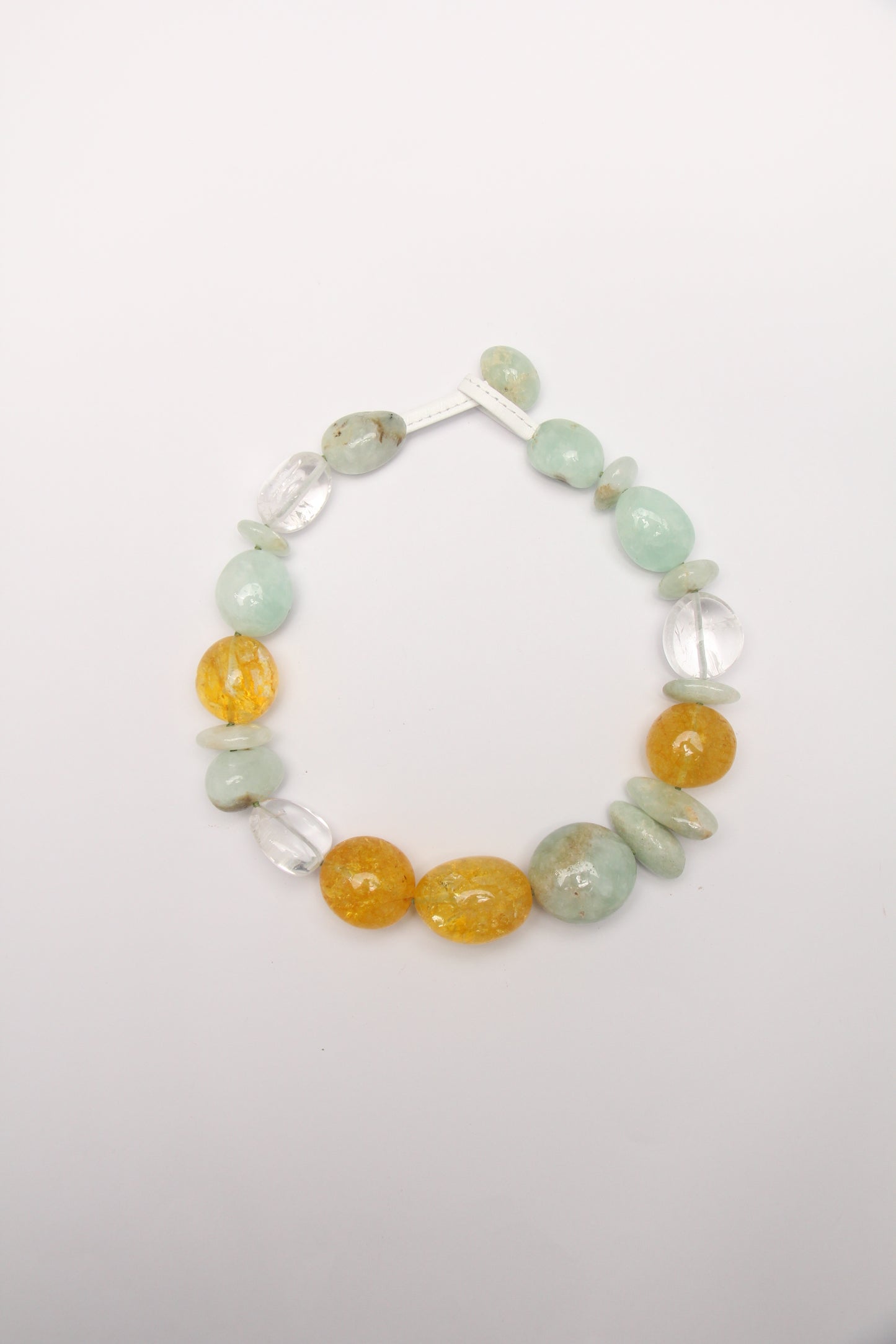 Necklace: prehnite, quartz, colored hematoid quartz