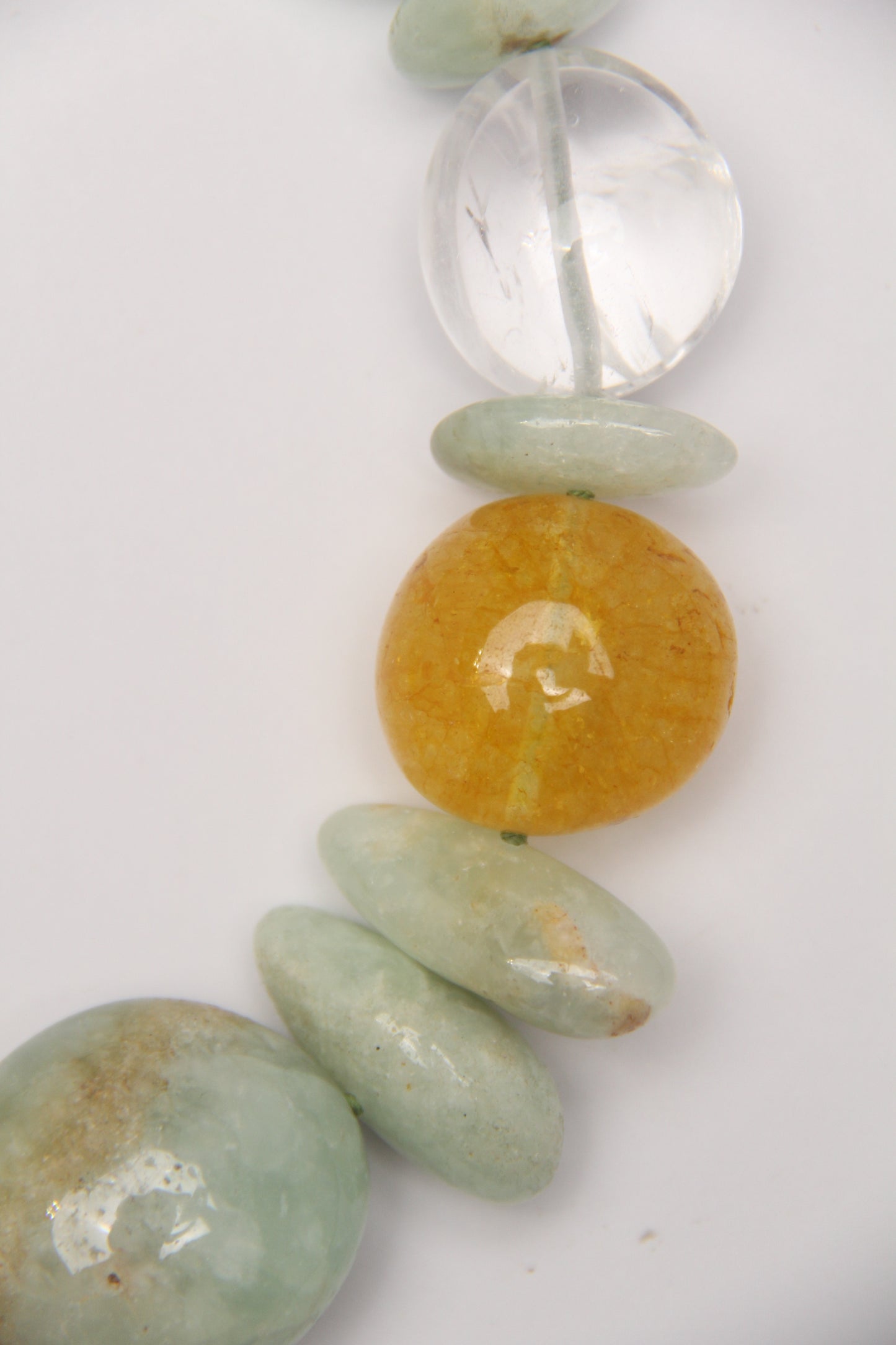 Necklace: prehnite, quartz, colored hematoid quartz