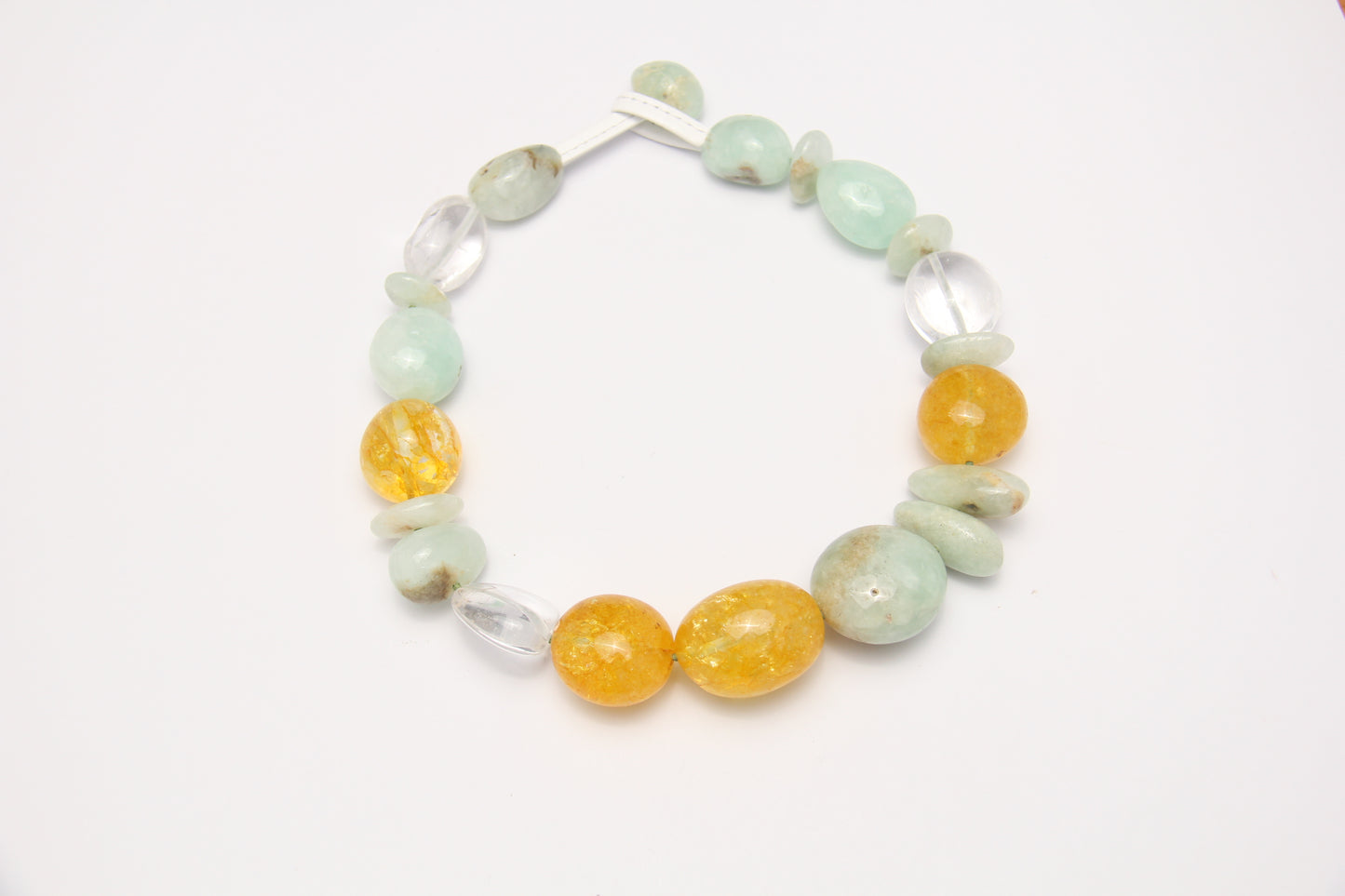 Necklace: prehnite, quartz, colored hematoid quartz