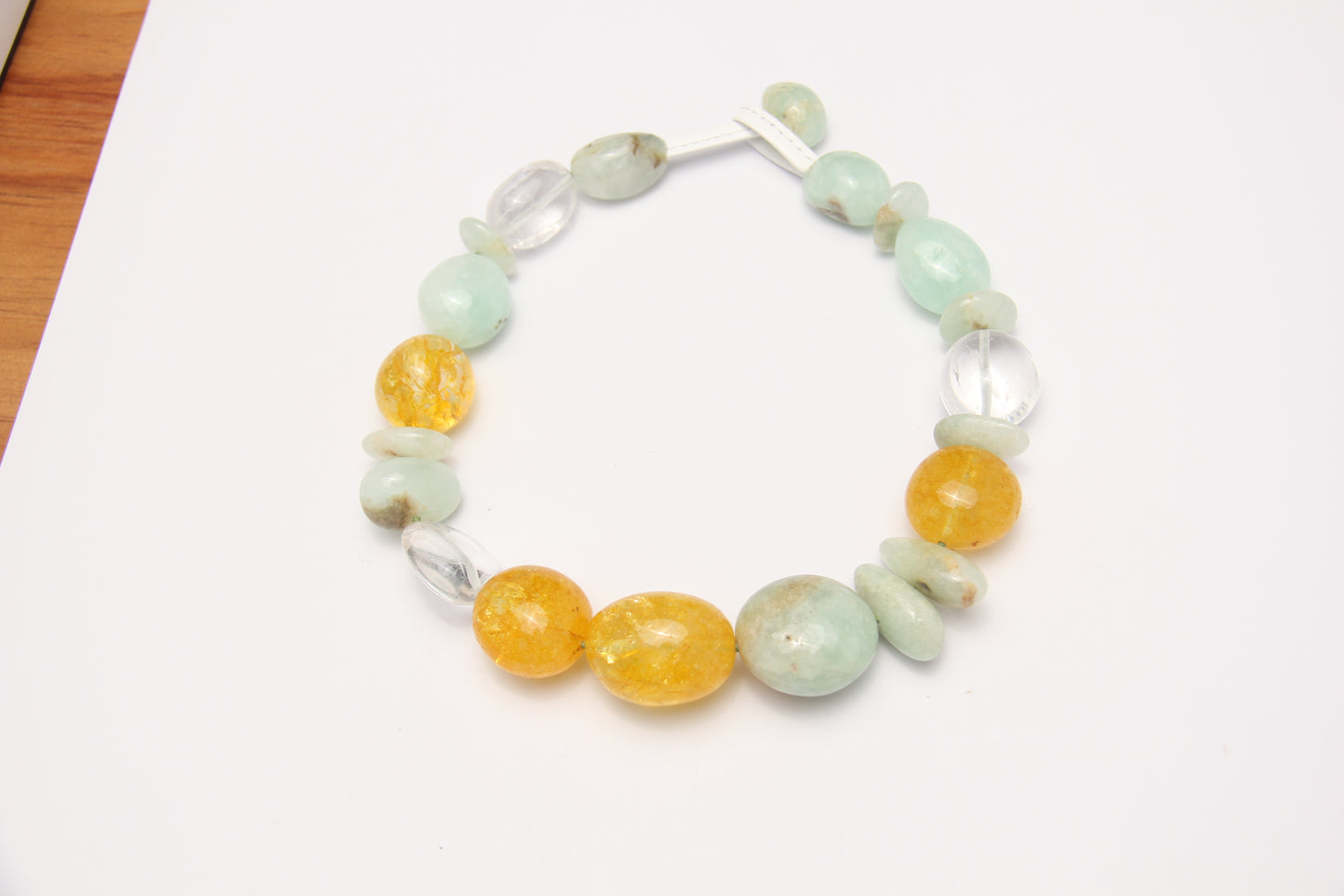 Necklace: prehnite, quartz, colored hematoid quartz