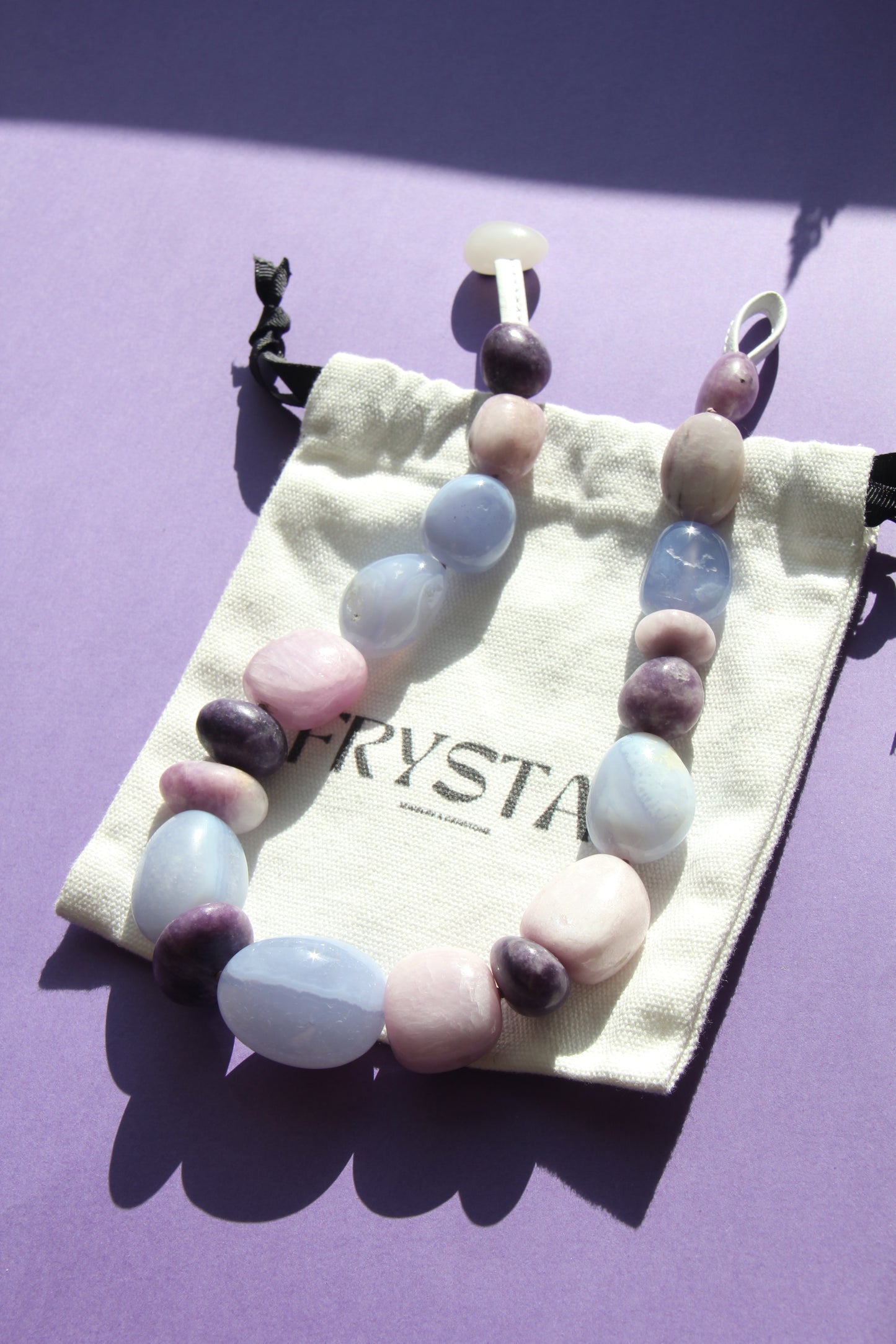 Necklace: blue lace agate, kunzite, lepidolite