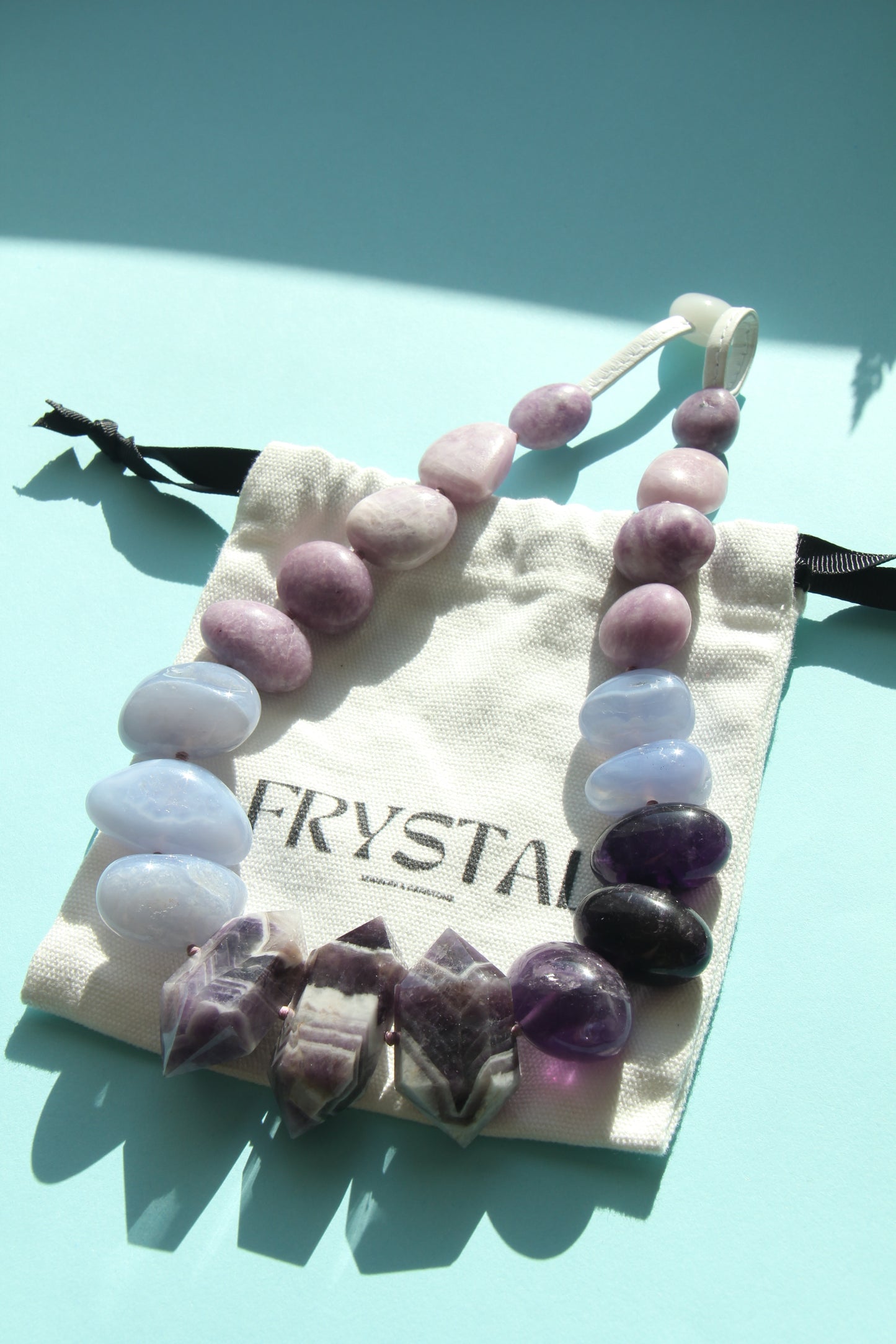 Necklace: dream amethyst, blue lace agate, kunzite, lepidolite