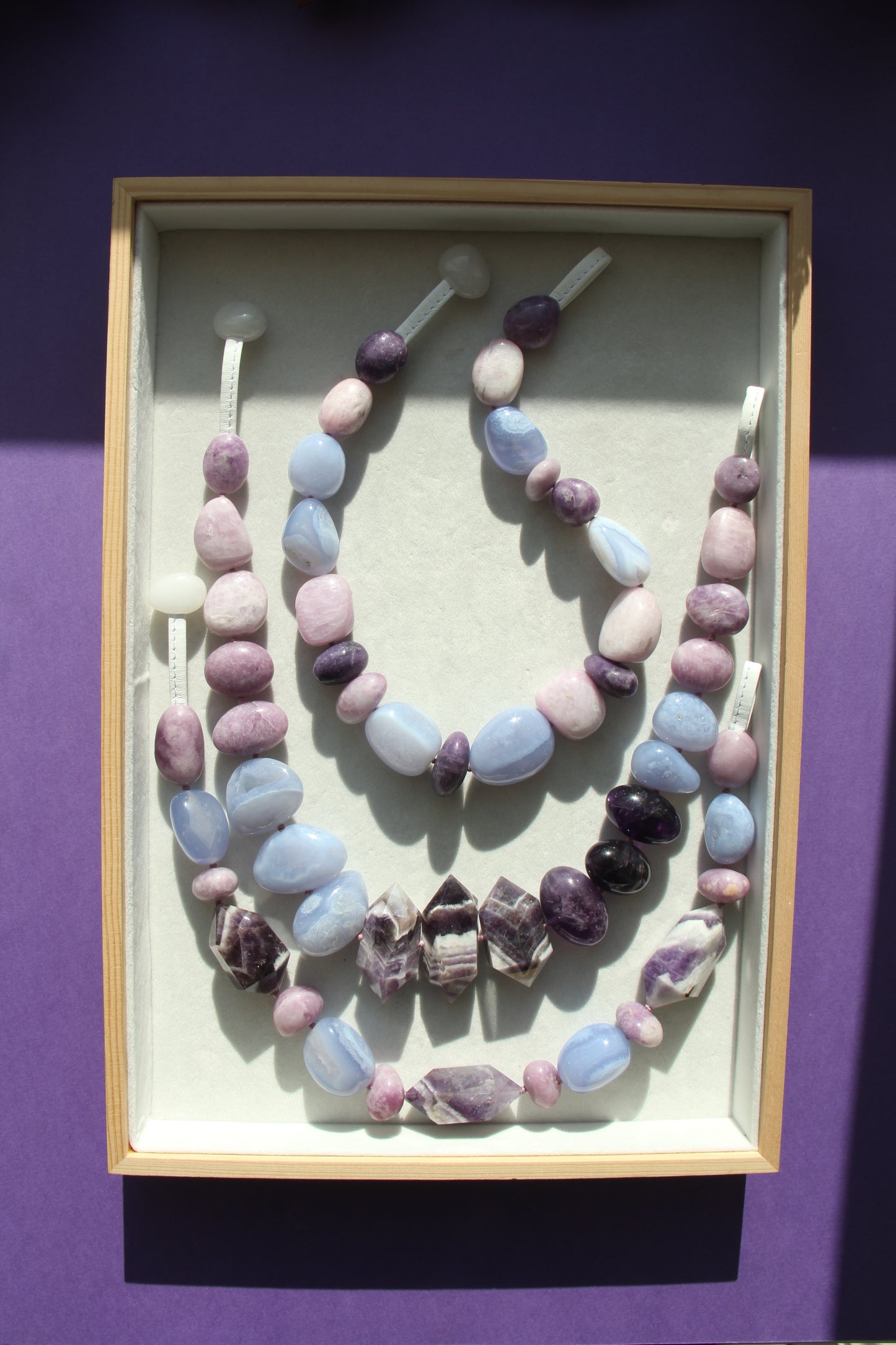 Necklace: dream amethyst, blue lace agate, lepidolite