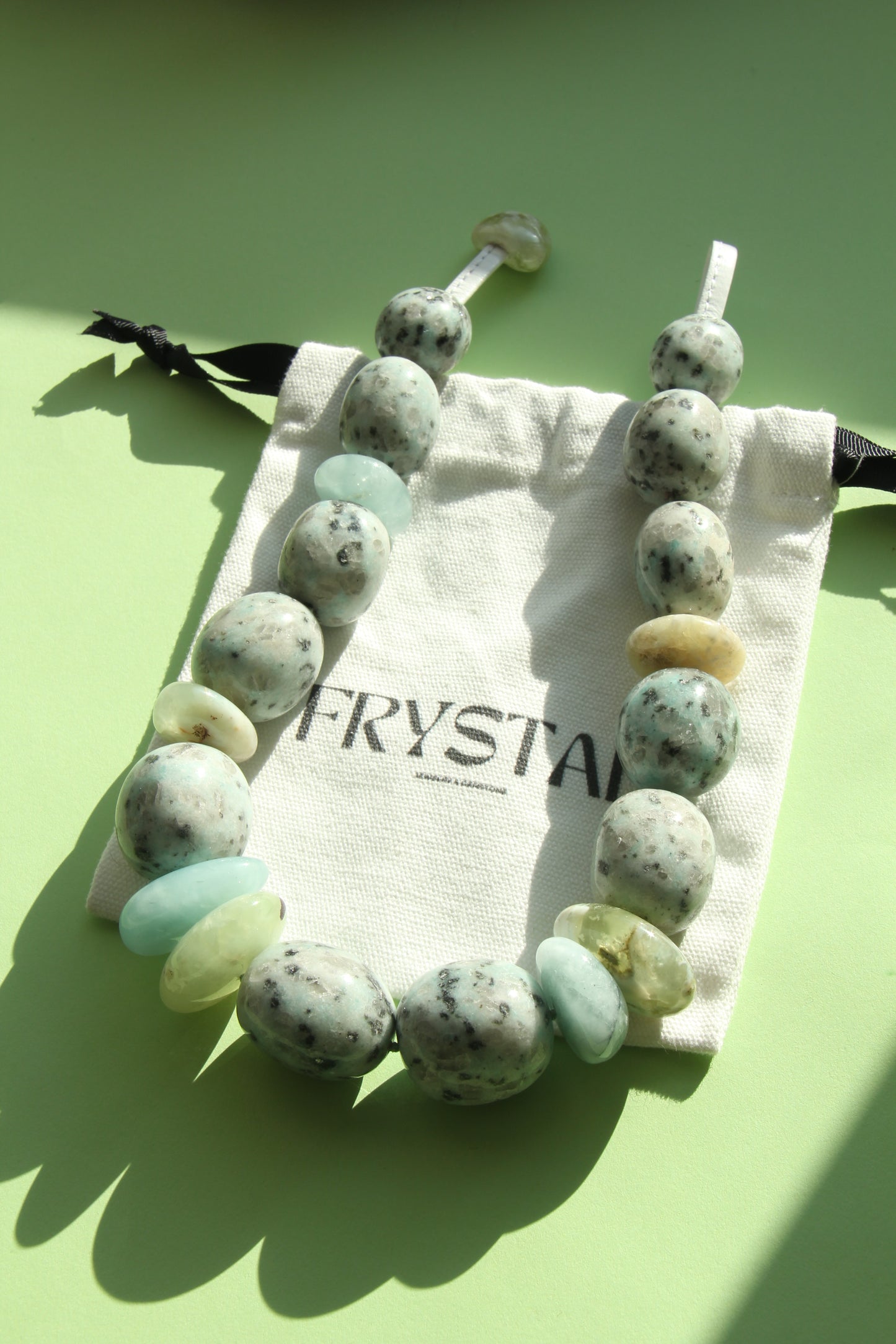 Necklace: kiwi jasper stone, aquamarine, prehnite