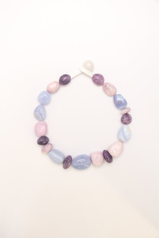 Necklace: blue lace agate, kunzite, lepidolite