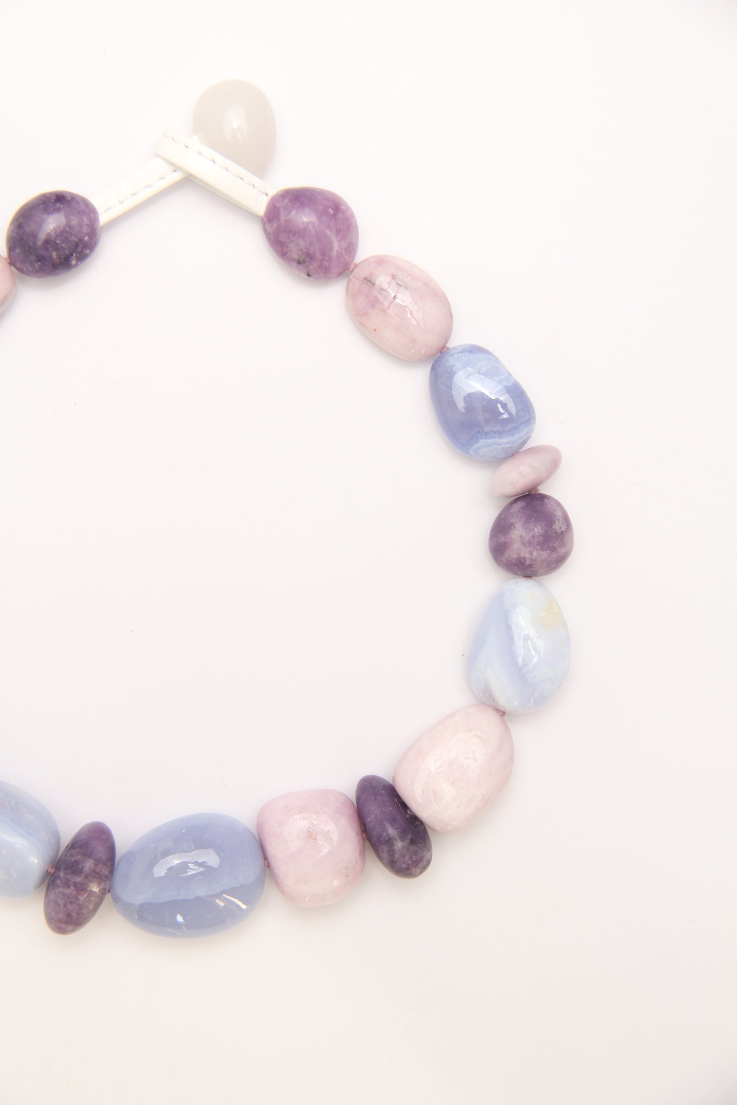 Necklace: blue lace agate, kunzite, lepidolite