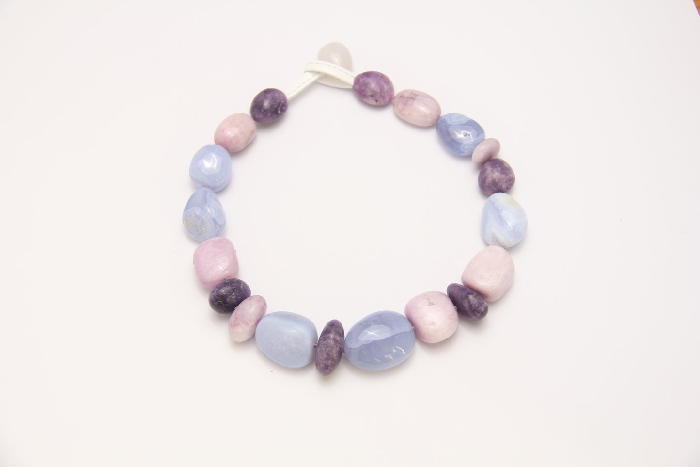 Necklace: blue lace agate, kunzite, lepidolite