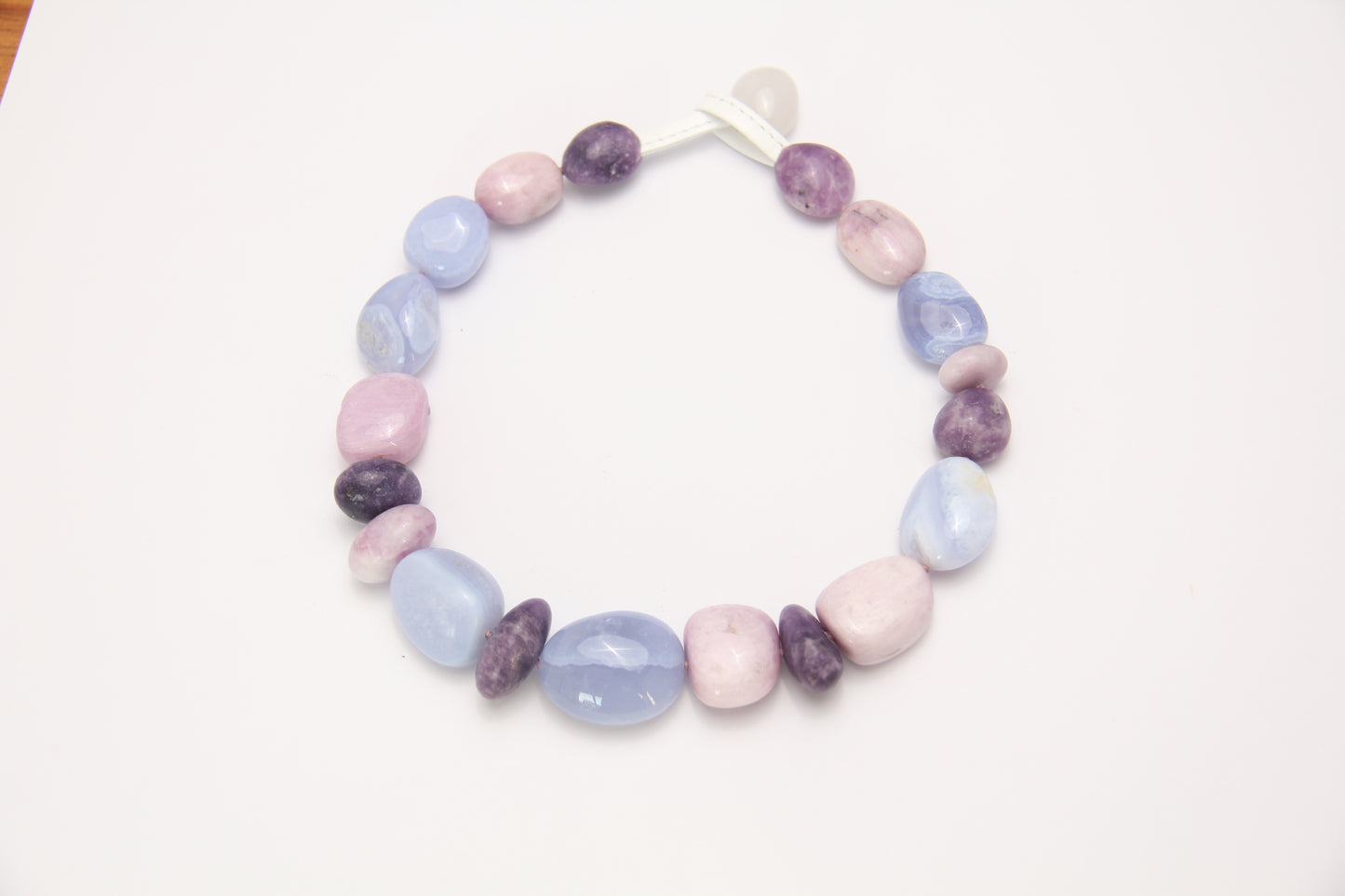 Necklace: blue lace agate, kunzite, lepidolite