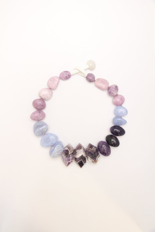 Necklace: dream amethyst, blue lace agate, kunzite, lepidolite